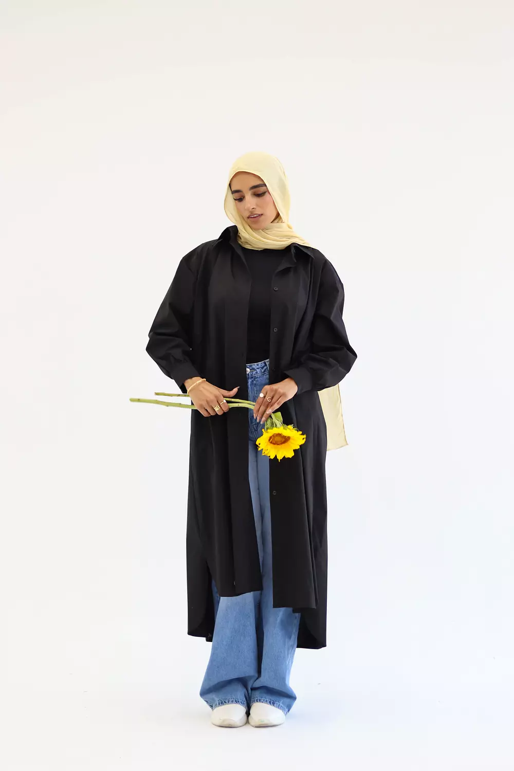 Poplin Cotton Long Shirt in Black