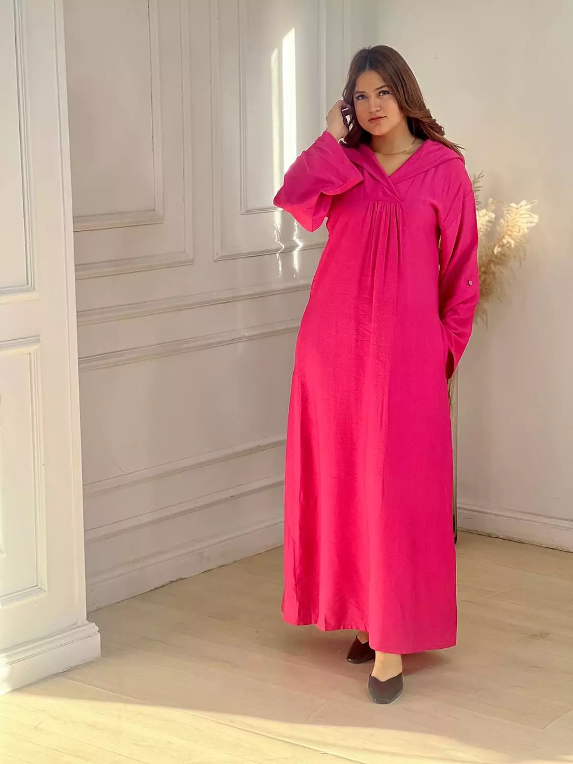 Hooded Linen Kaftan Dress - Pink 2