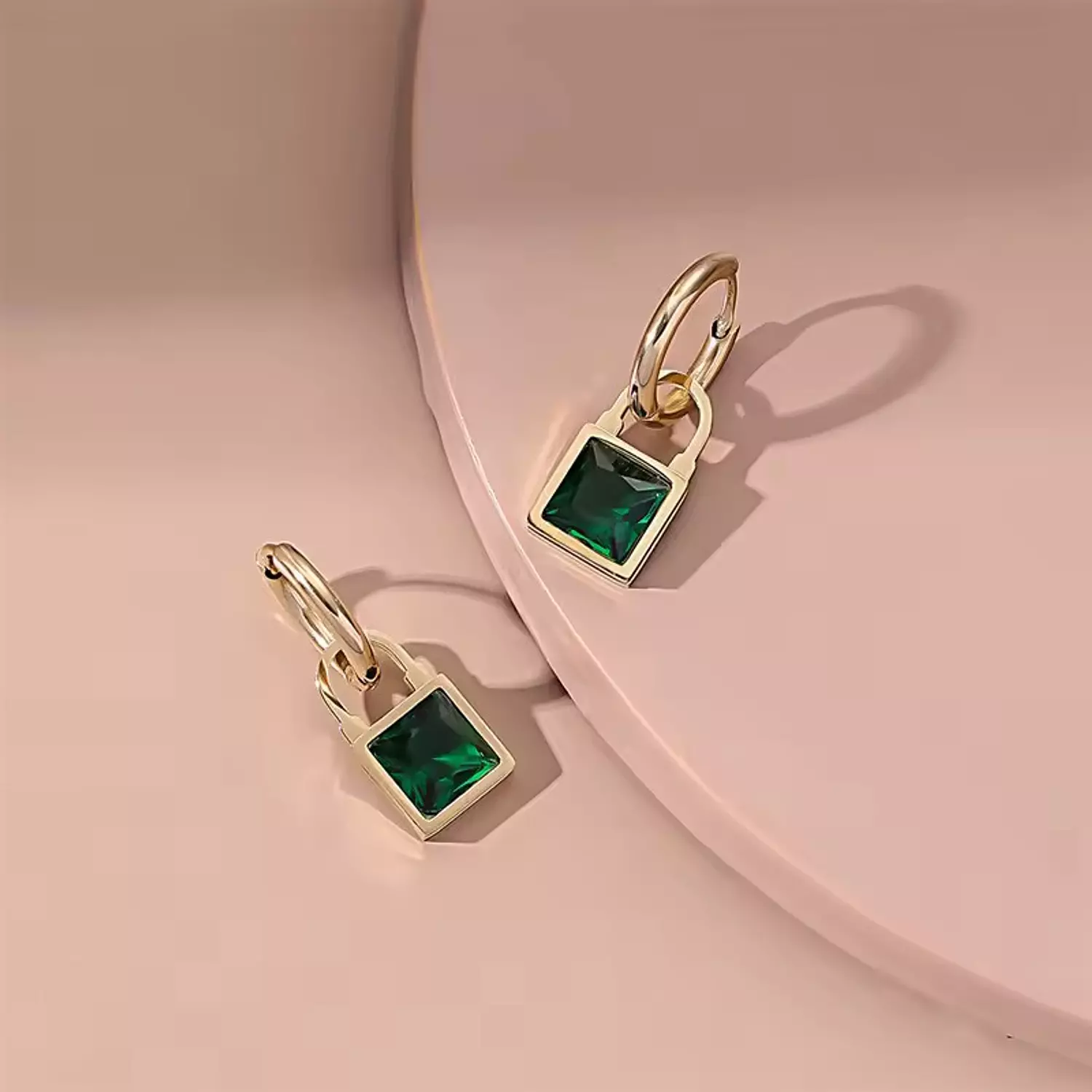 Emerald green square lock earrings hover image