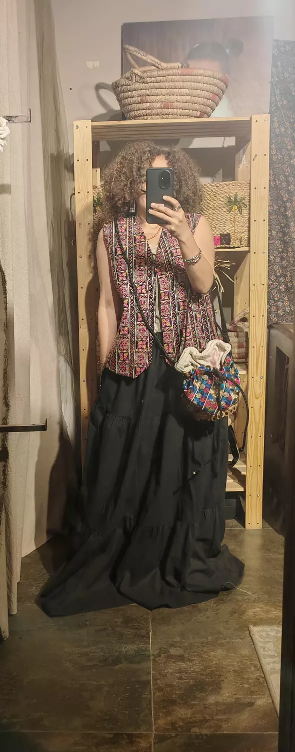 Maxi black boho tiered linen skirt image