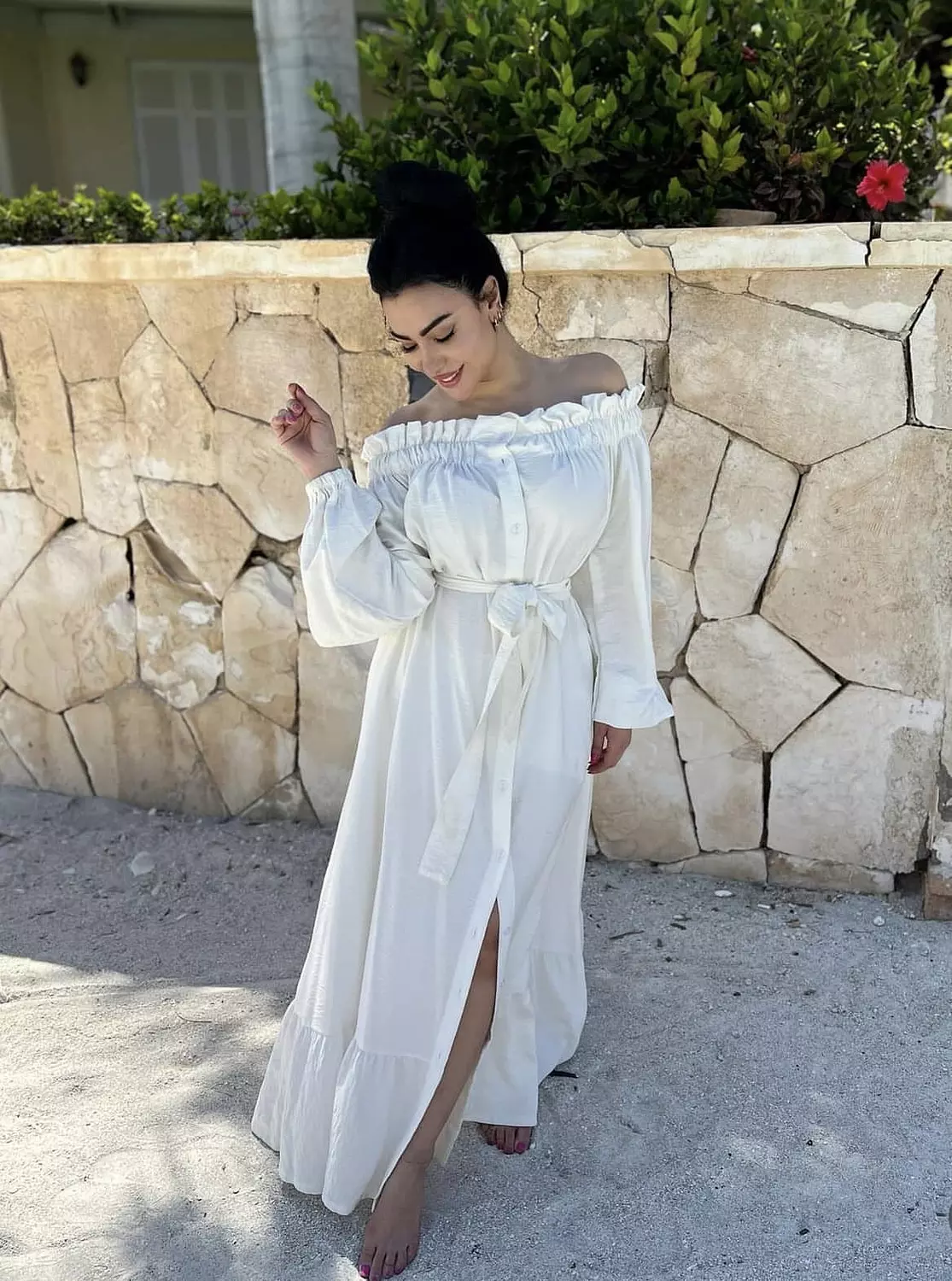 Off Shoulder Linen Dress2 - White hover image