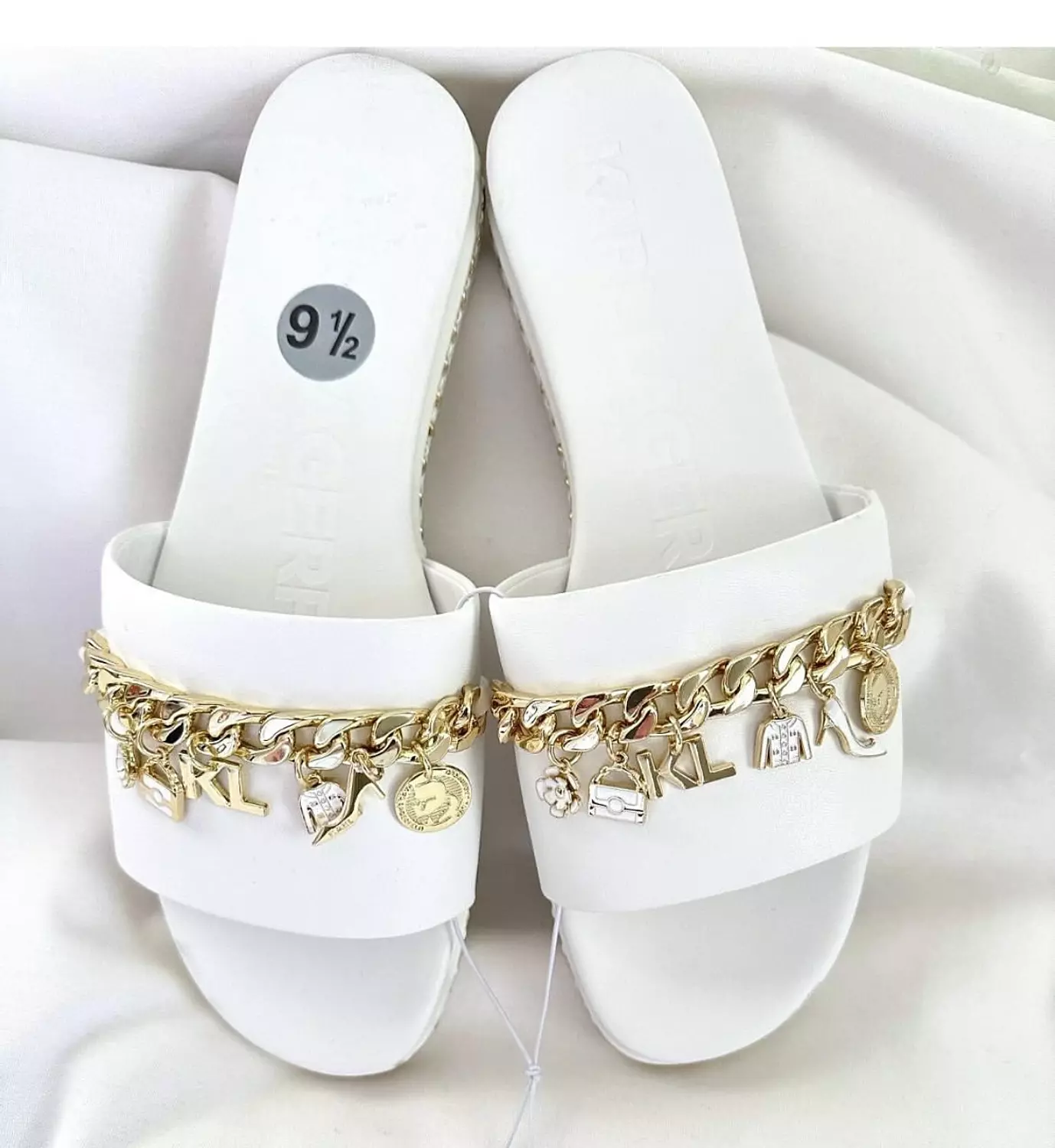 Karl Lagerfeld White Slide Sandals with Gold Charms hover image