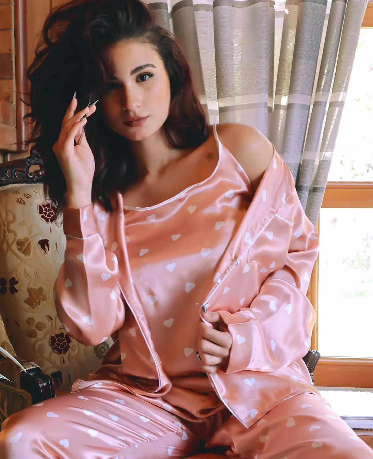Heart Print Satin 3-Piece Pajama Set 13