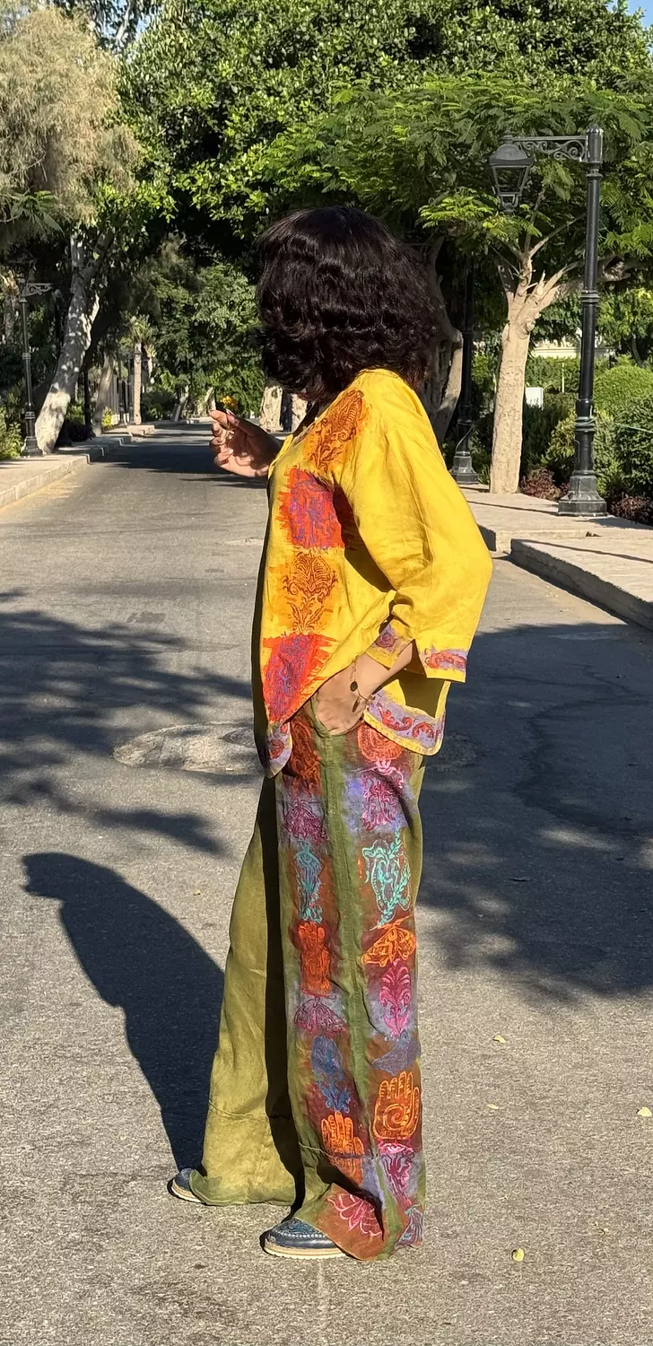 Hand -printed& painted olive linen pants  2