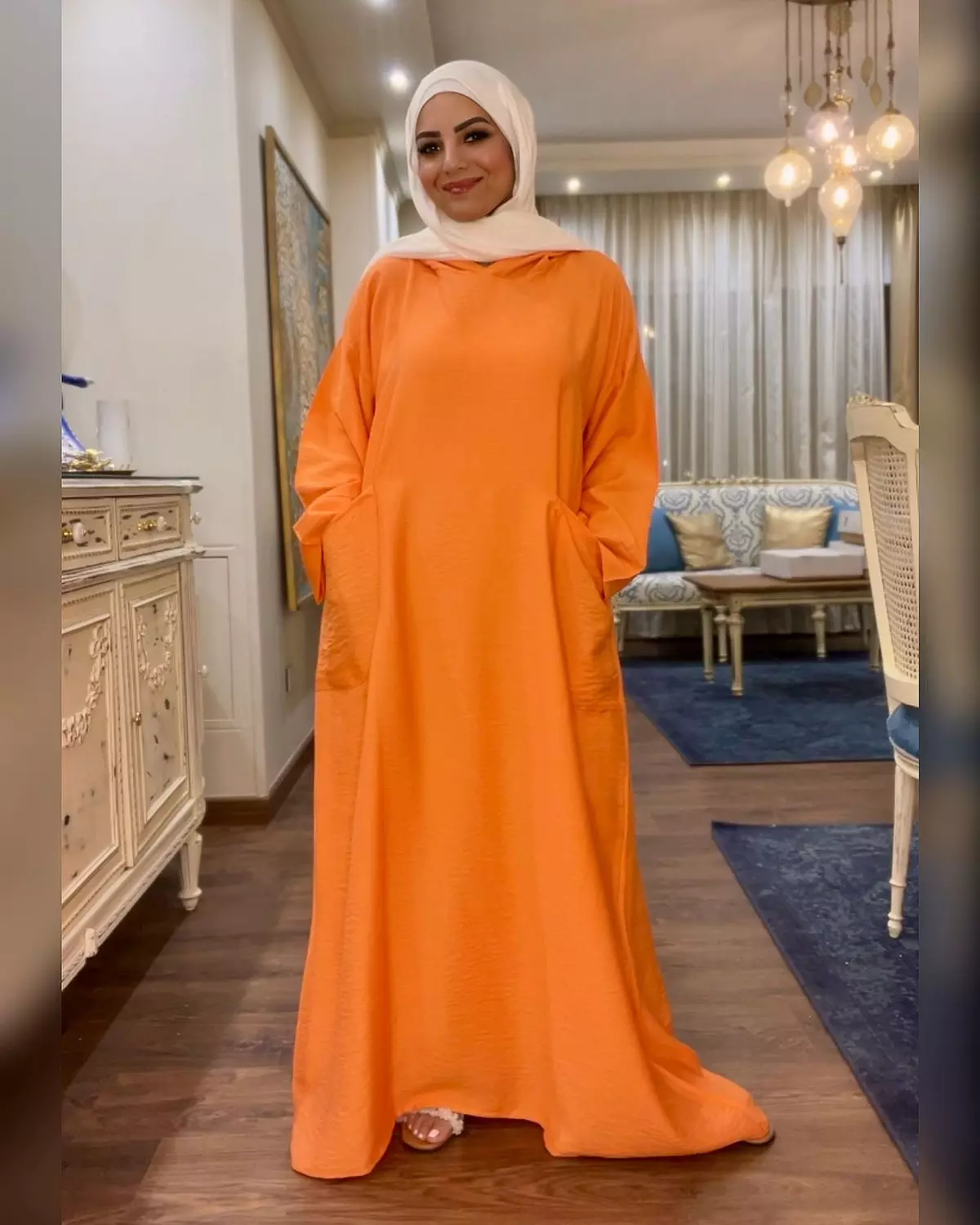 Hooded Linen Dress With Long Sleeves -  Tangerine