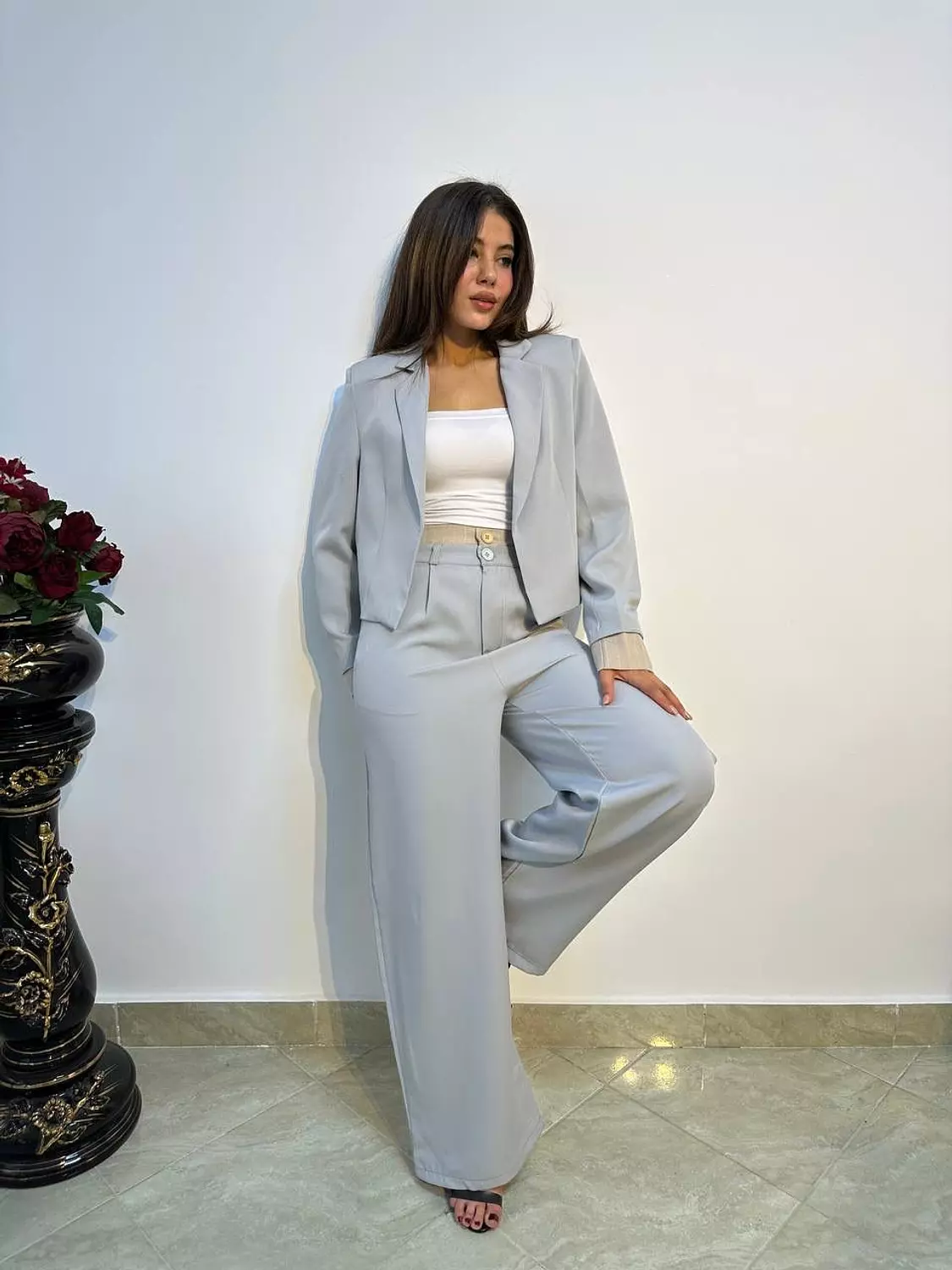 Premium Rosaline Blazer & Wide-Leg Trousers Set – Striped Waist Detail 5