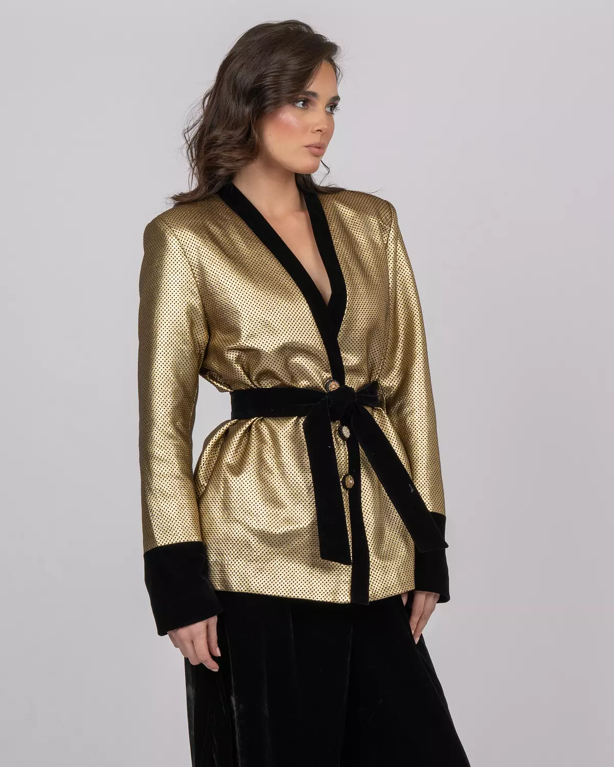 Gold Dotted Brocade Blazer Jacket with Velvet Accents hover image