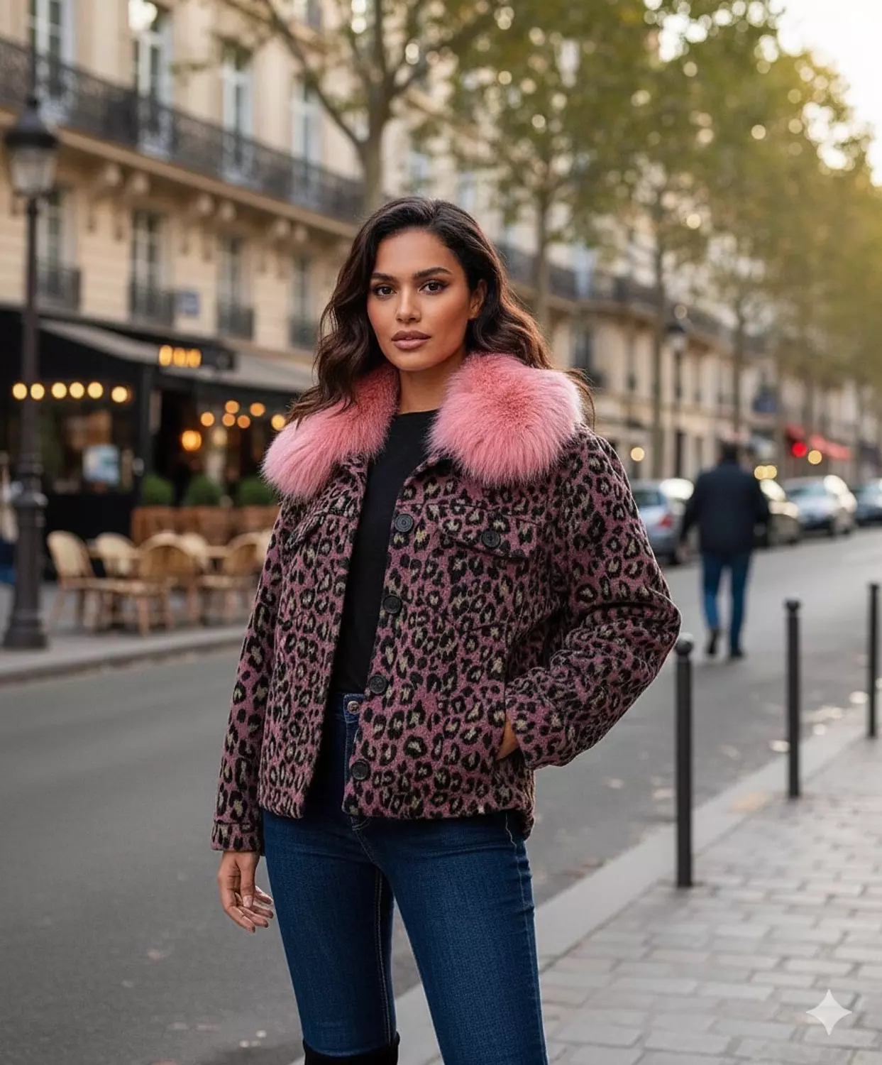 Leopard Faux-Fur Jacket with Pink Collar image