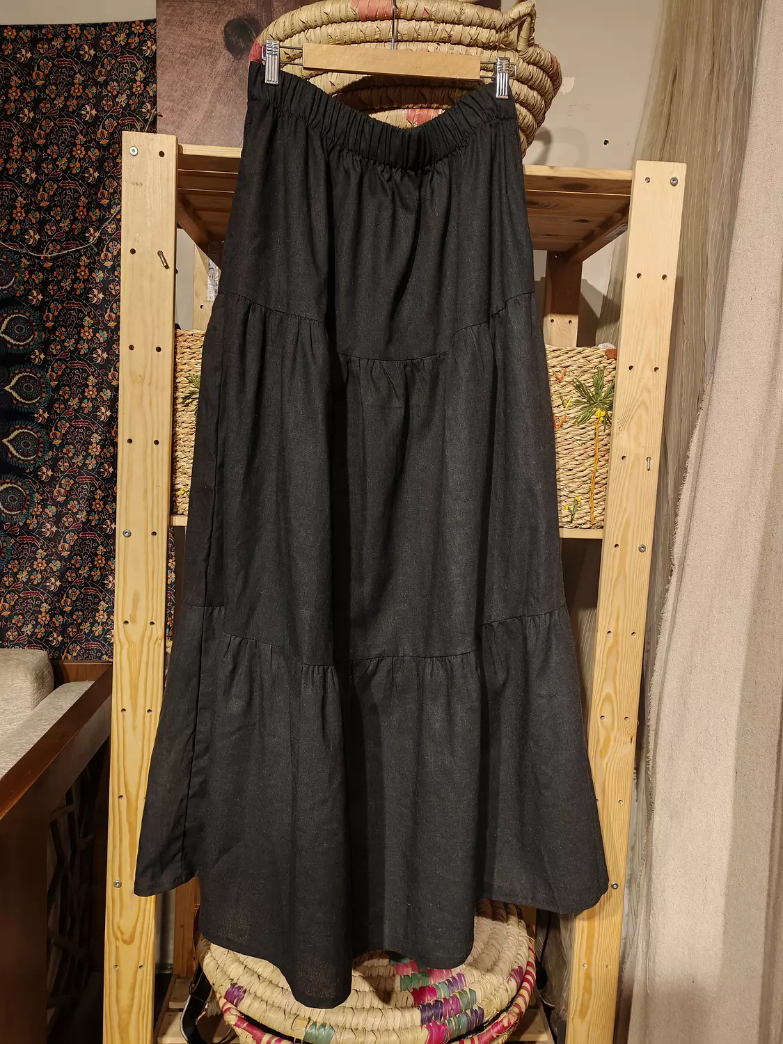 Maxi black boho tiered linen skirt 3