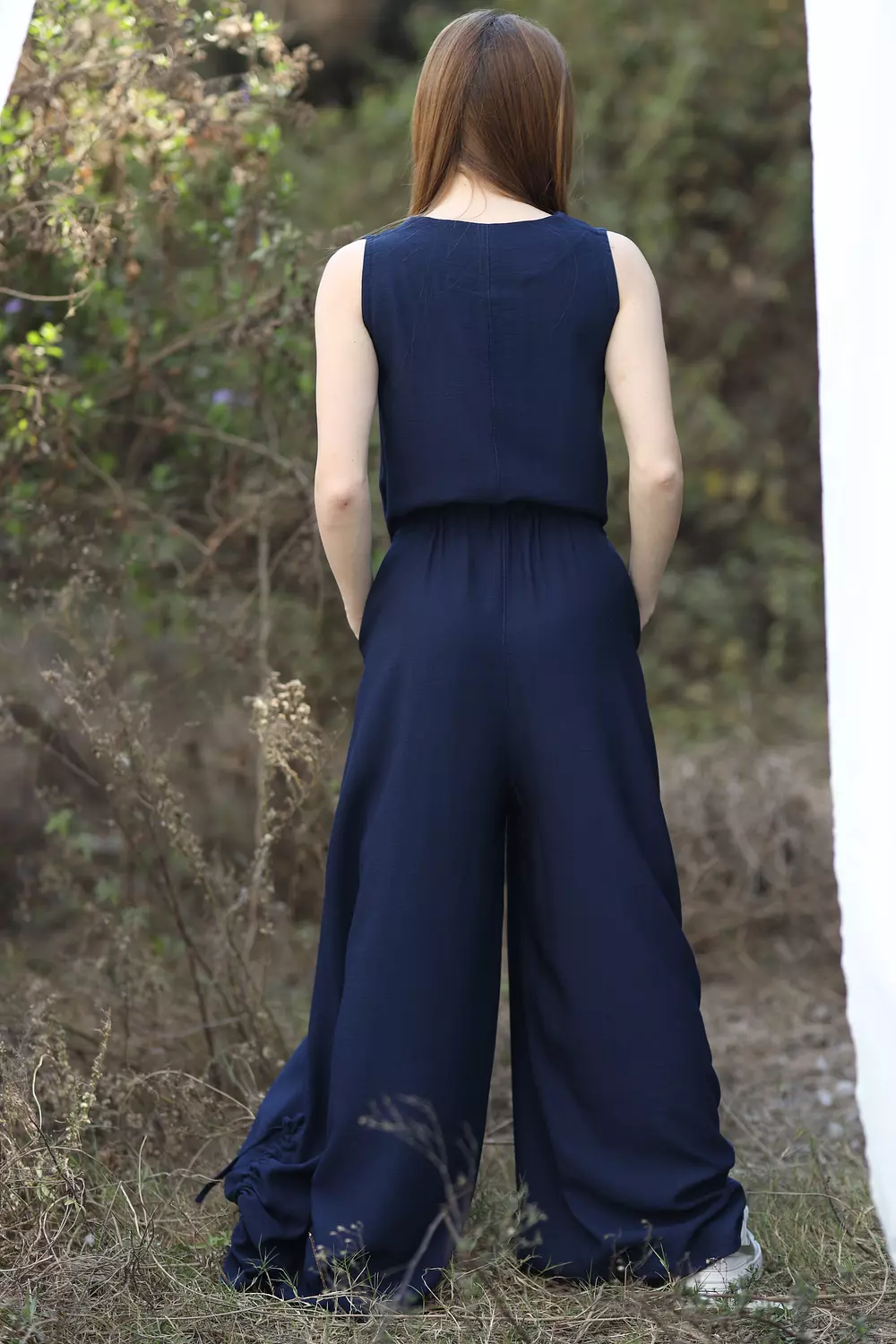 Wide Leg Linen Jumpsuit - Dark Blue hover image