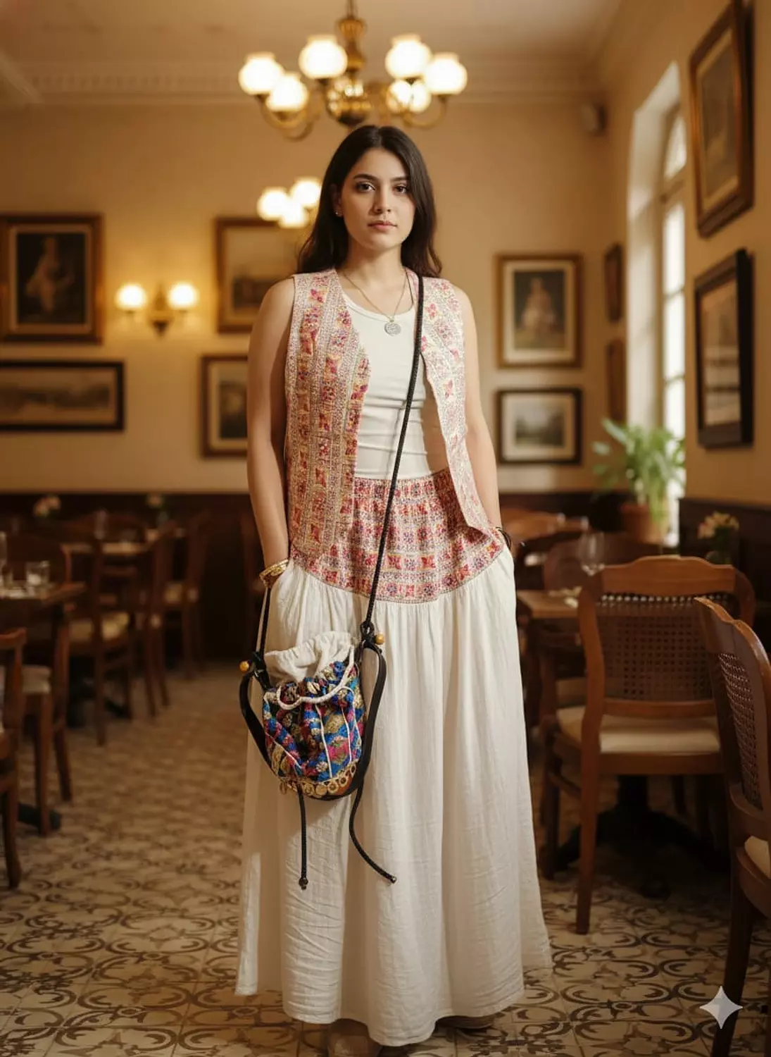 Maxi cotton linen off white skirt with sirma embroidered upper part 2