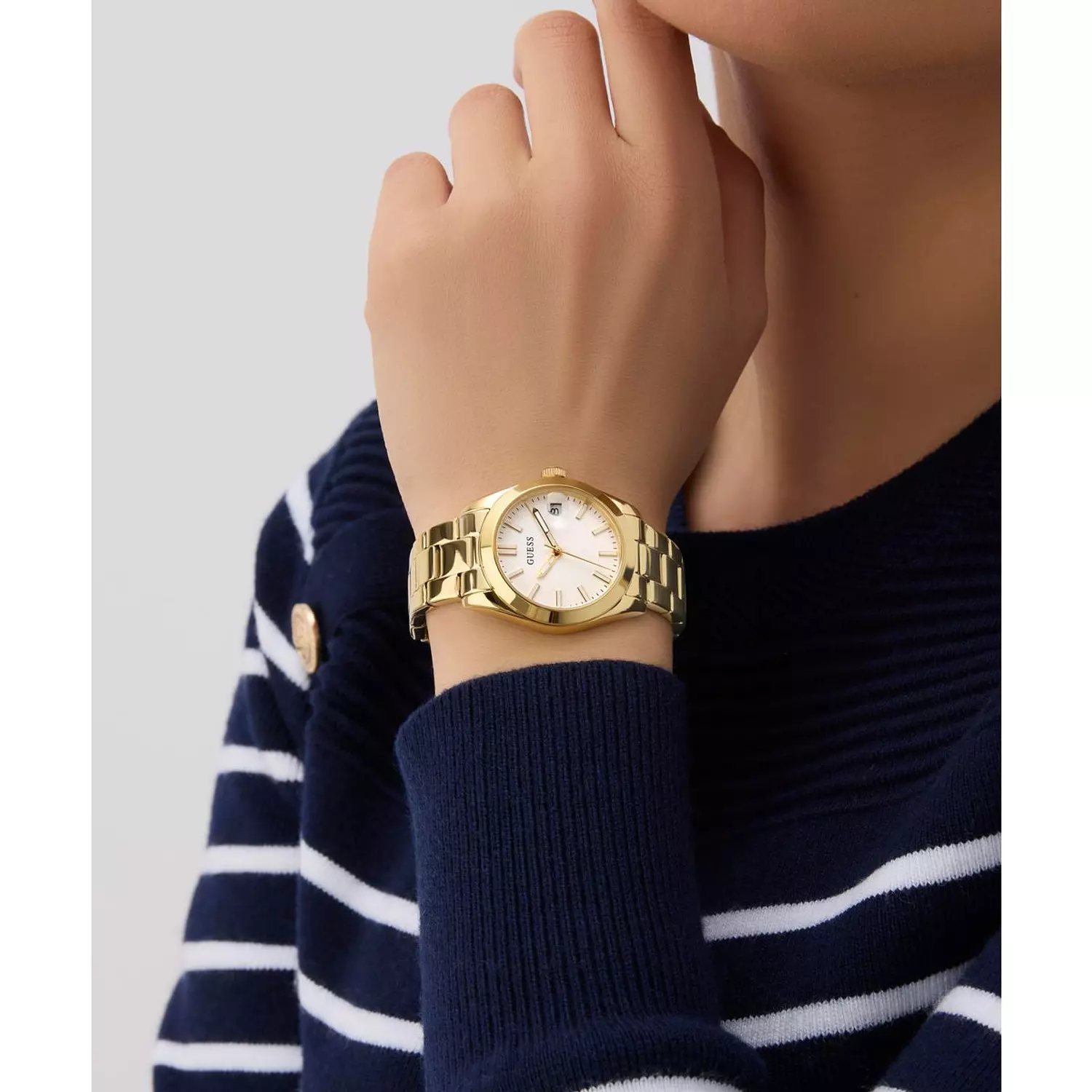 GUESS ALICE Ladies Gold Tone Date Watch Gold Tone Stainless Steel Polished Bracelet 7
