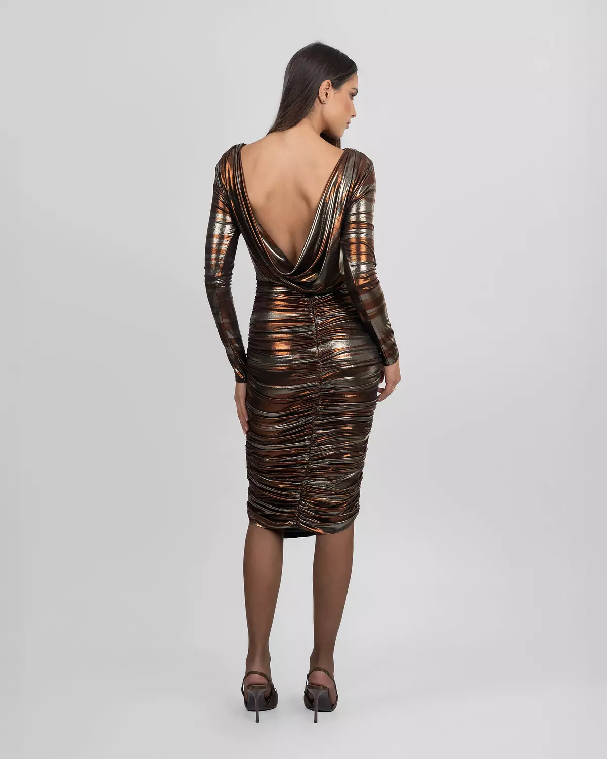 Lamé Jersey Two-Tone Brown Midi Dress 2