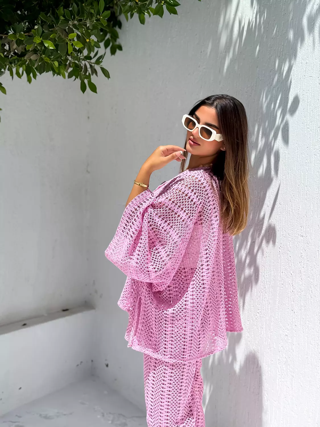 Knit button pink set  2