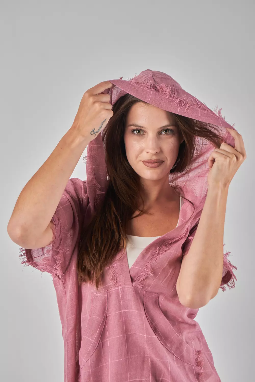 Hooded Mesh Linen Pink Top 3
