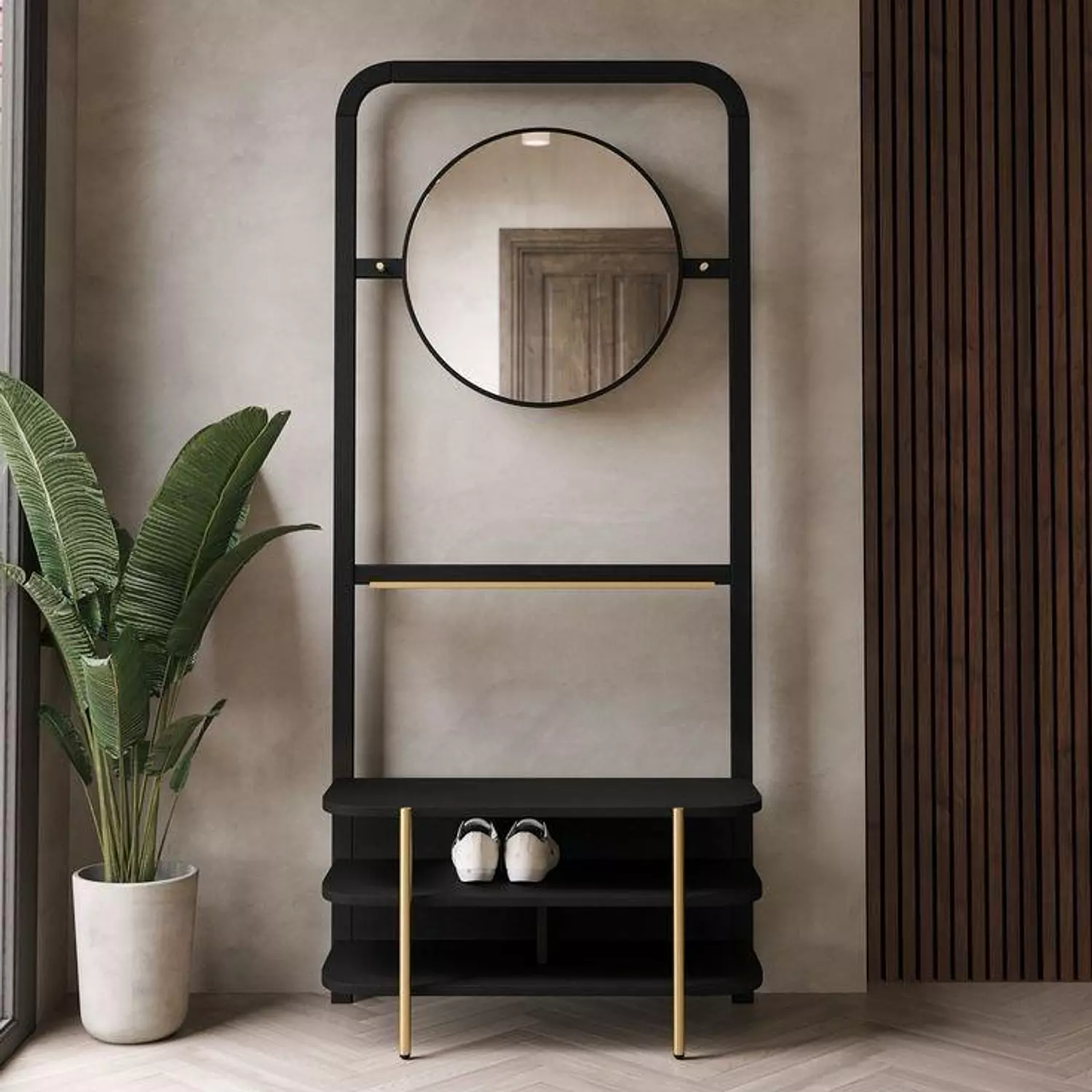 Wooden bench with wall mirror and shelves for organizing shoes image