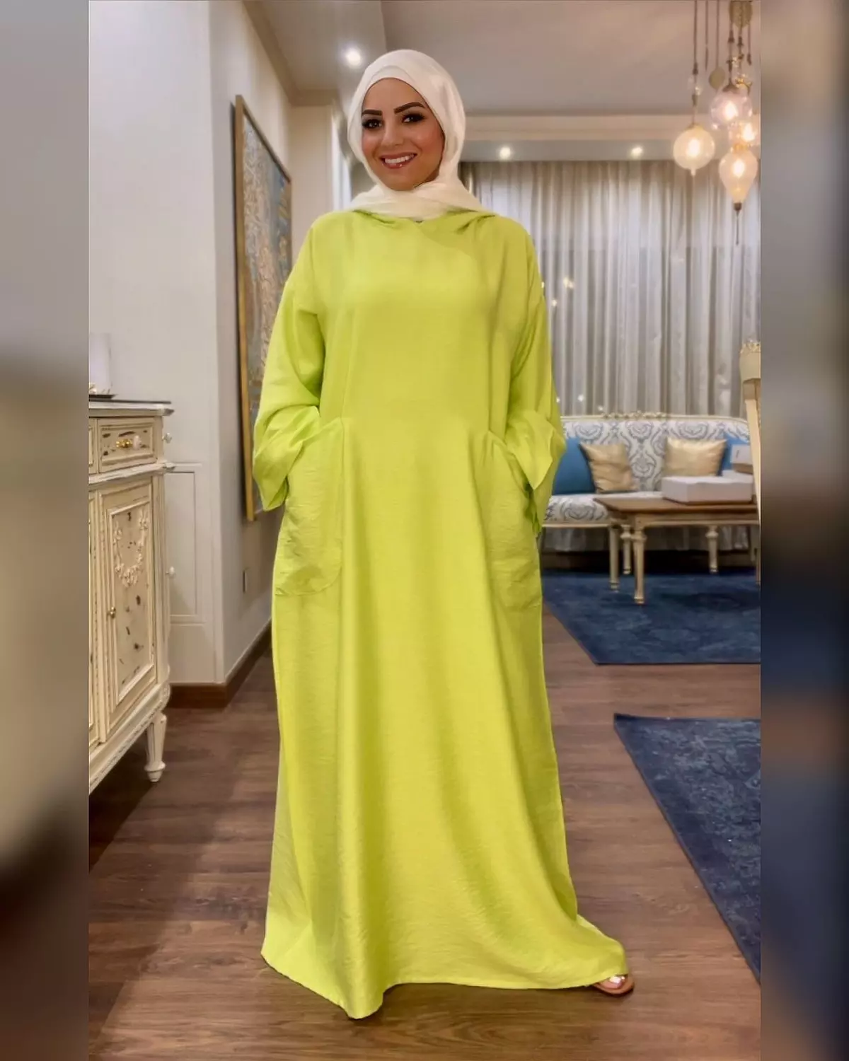 Hooded Linen Dress With Long Sleeves -  Neon Green