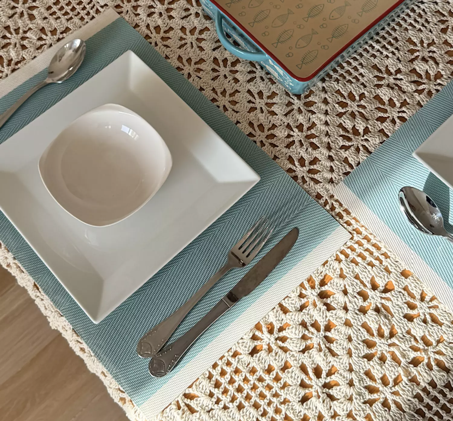 Muted teal table mat with beige borders - Set of 6 image