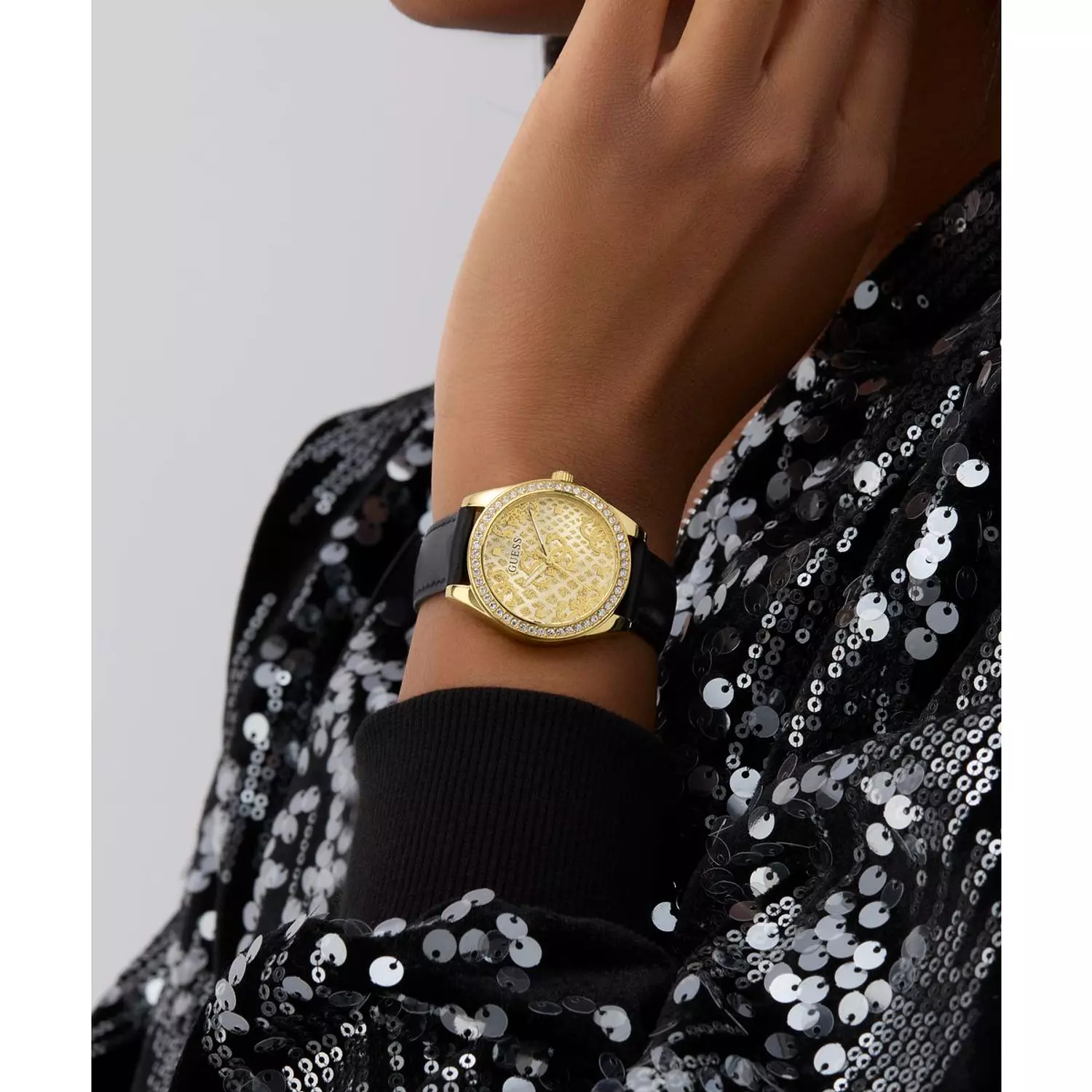 GUESS Ladies Black Gold Tone Analog Watch Black Genuine Leather Strap GW0989L2 6