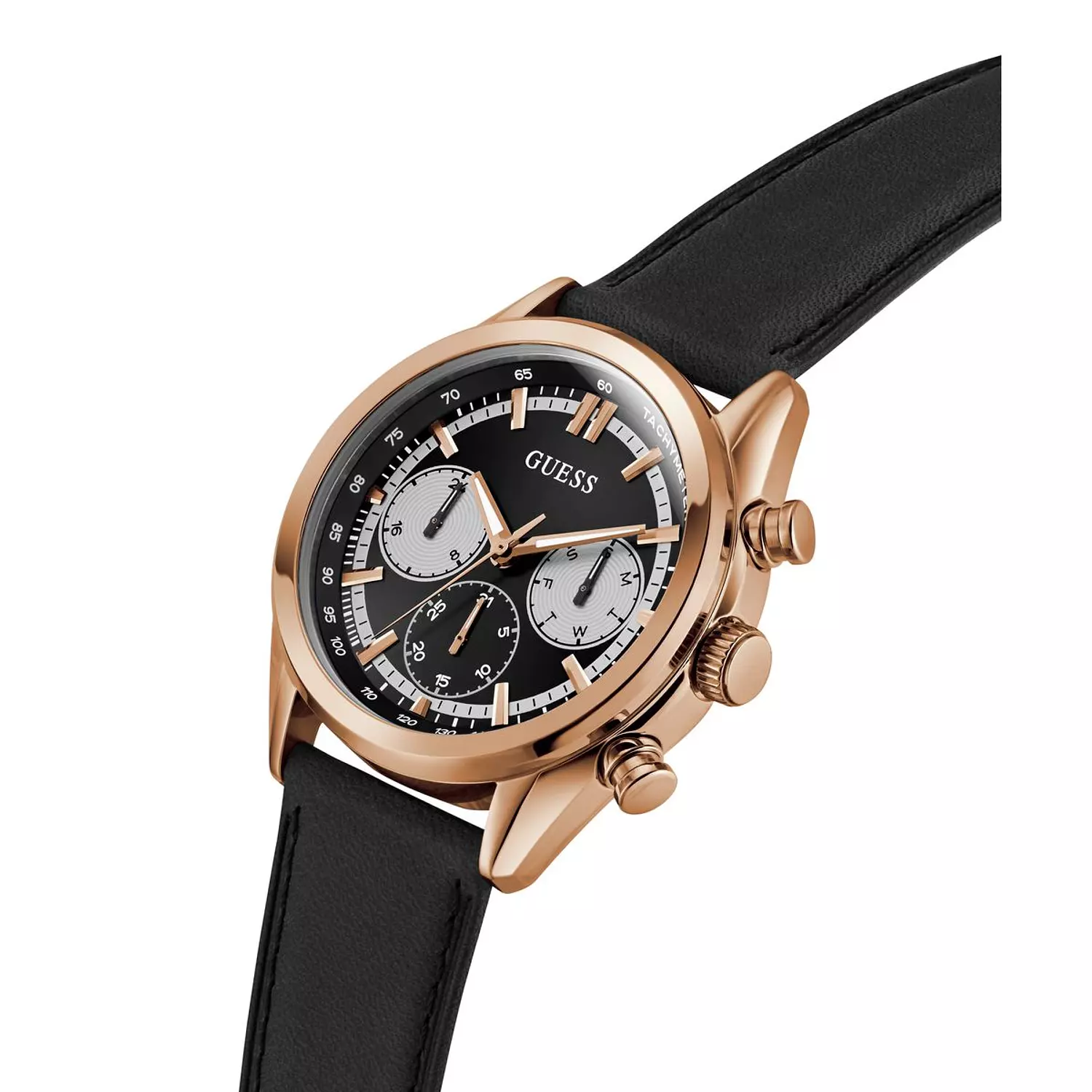 GUESS DAWSON Mens Black Rose Gold Tone Multi-function Watch Black Genuine Leather Smooth Strap 2