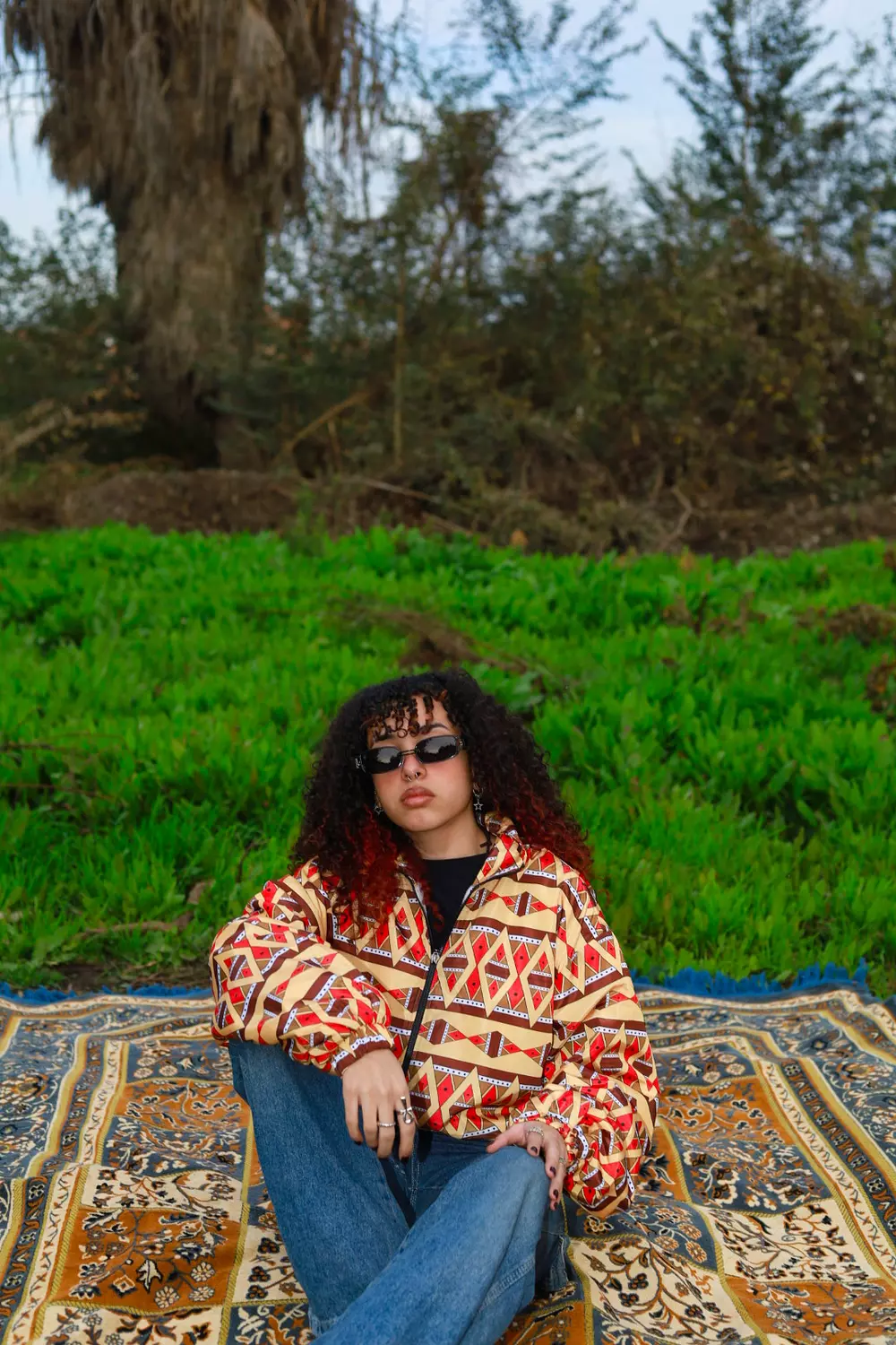 Hooded Cropped Ethnic Ochre & Orange Patterned Bomber Jacket 1