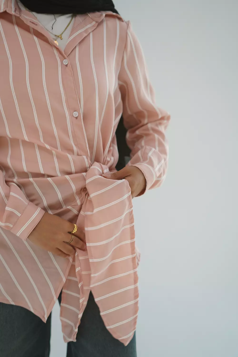 Pink long striped shirt with side tie 4