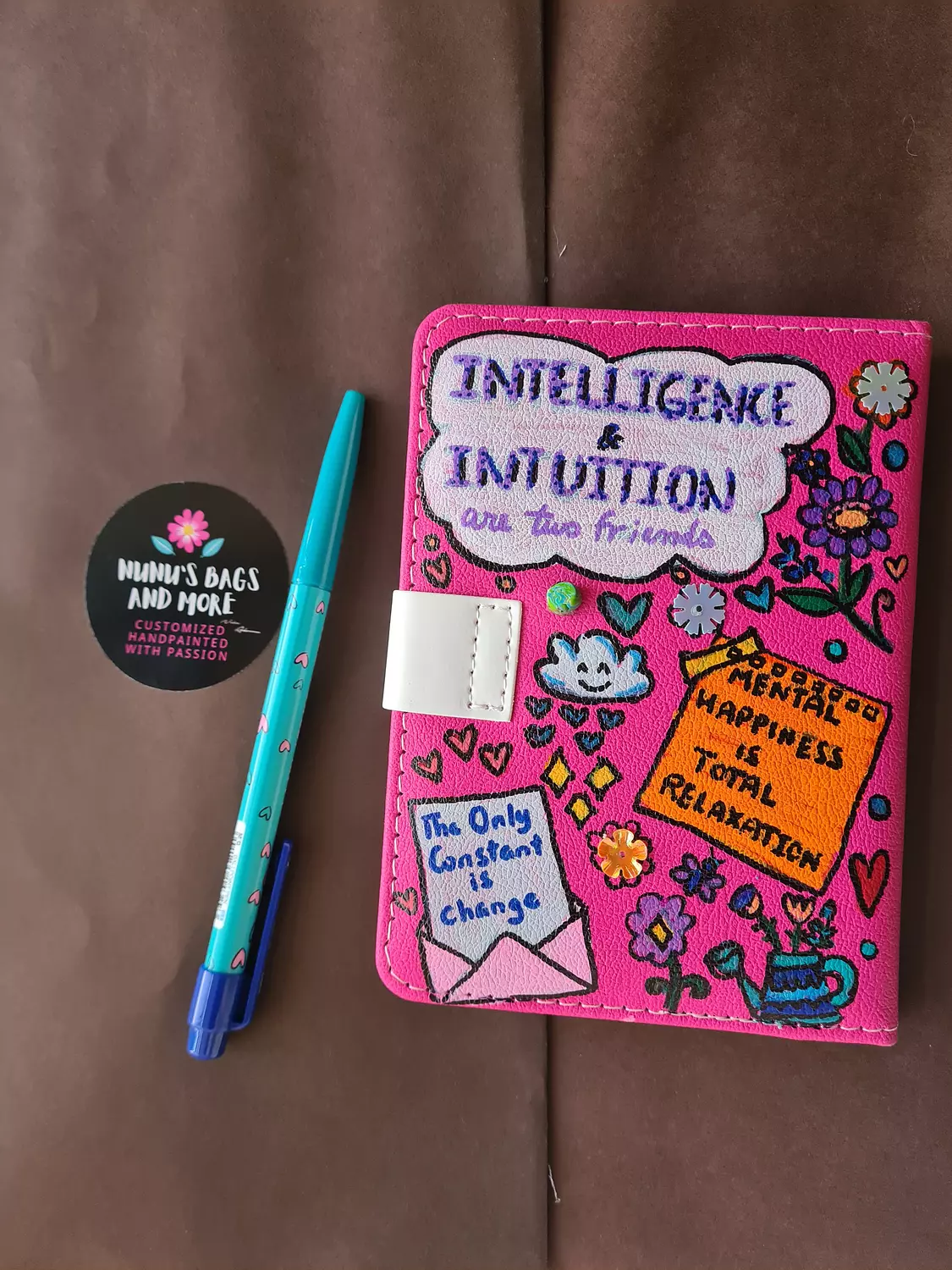 Handpainted leather cover notebook with attached cute accessories  3