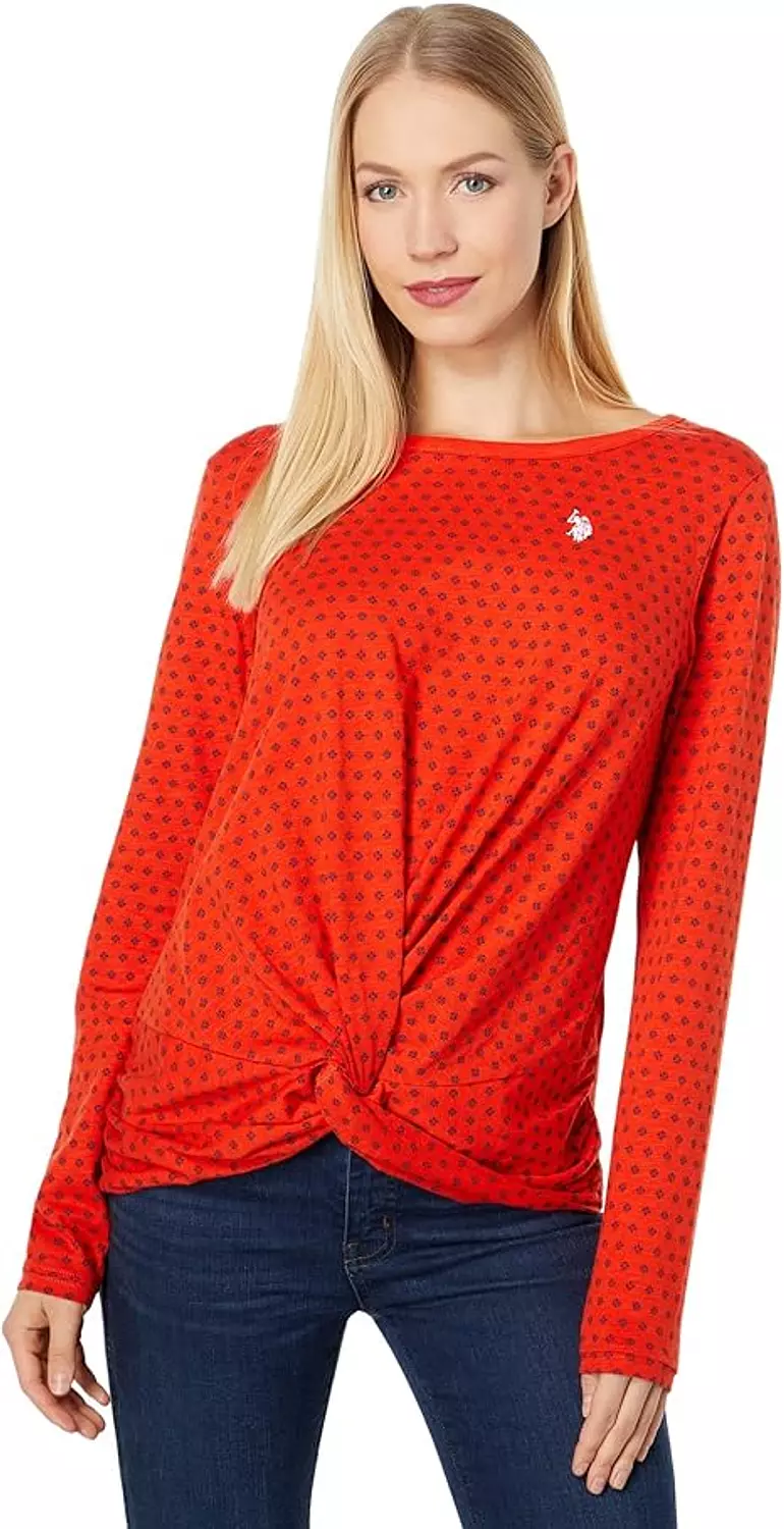 U.S. Polo Assn. Women’s Long Sleeve Twist-Front Top – Red Patterned