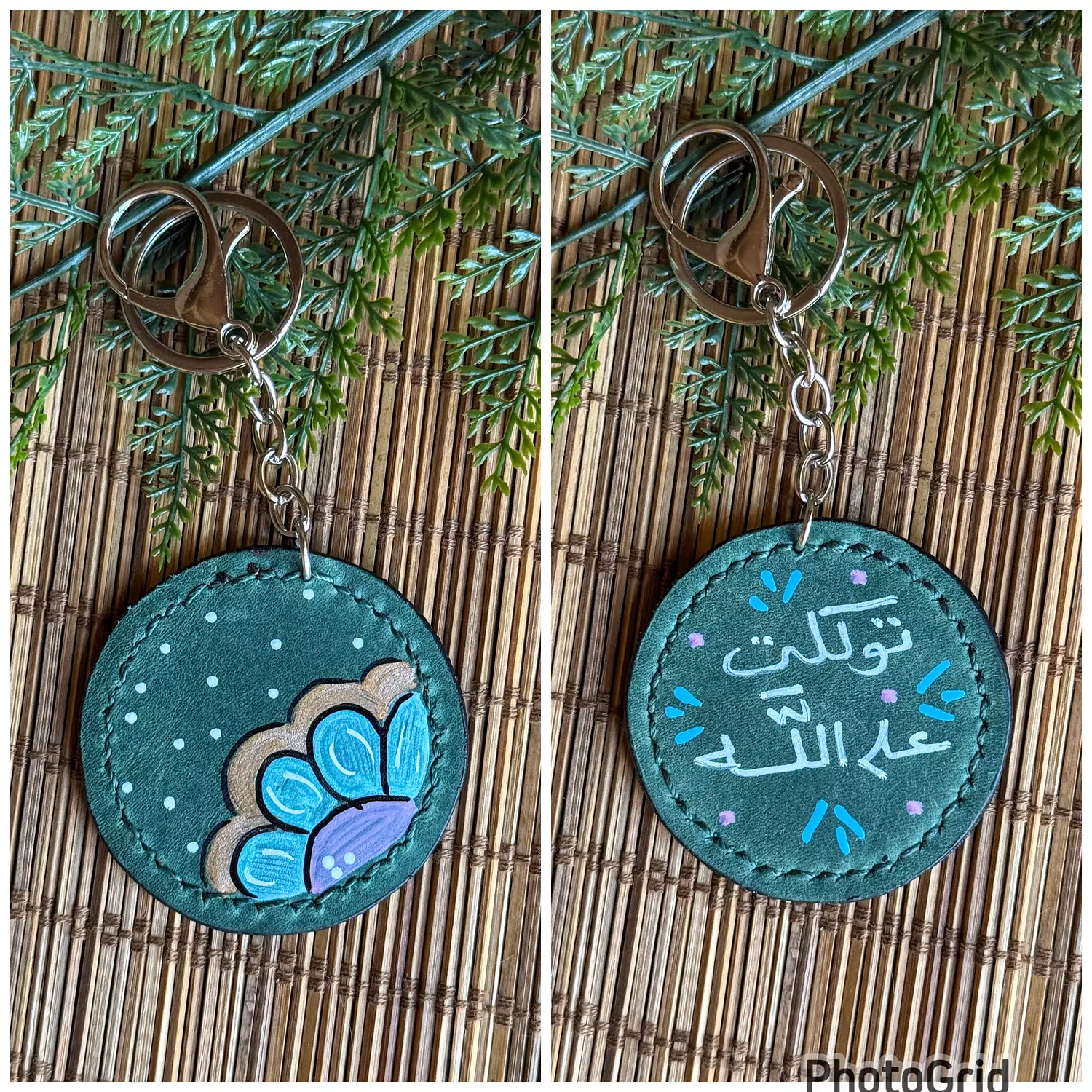 Natural Leather Quote Keychain " Teal Round " ( By Order ) 2
