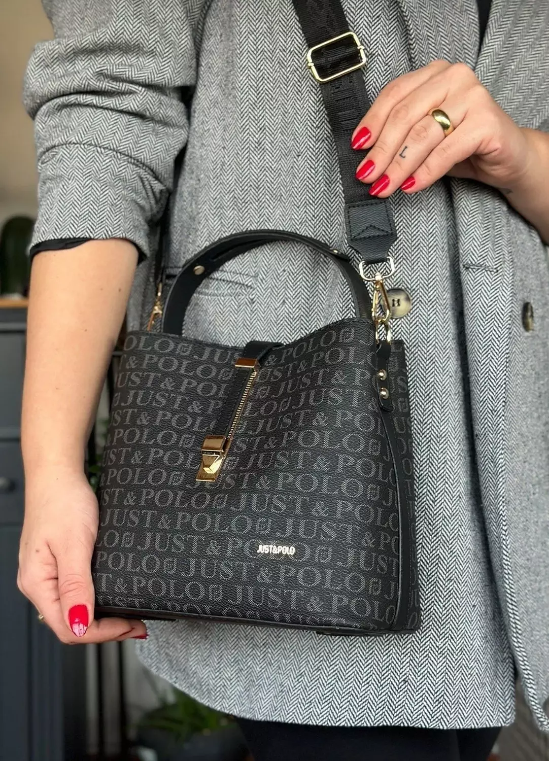 Elegant Black Shoulder Bag from Just Polo with Gold Accents image