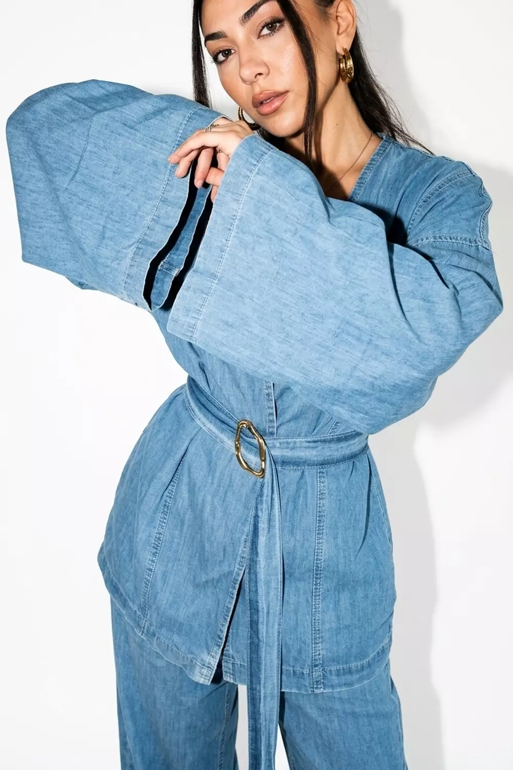 Summer Denim Kimono Set with Batwing Sleeves & Wide-Leg Pants image