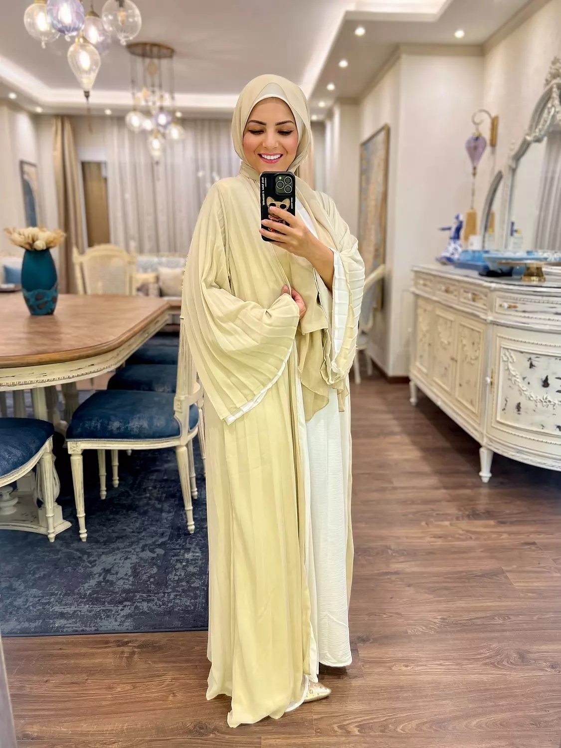Double-faced Pleated Open Abaya- Off White & Beige 4