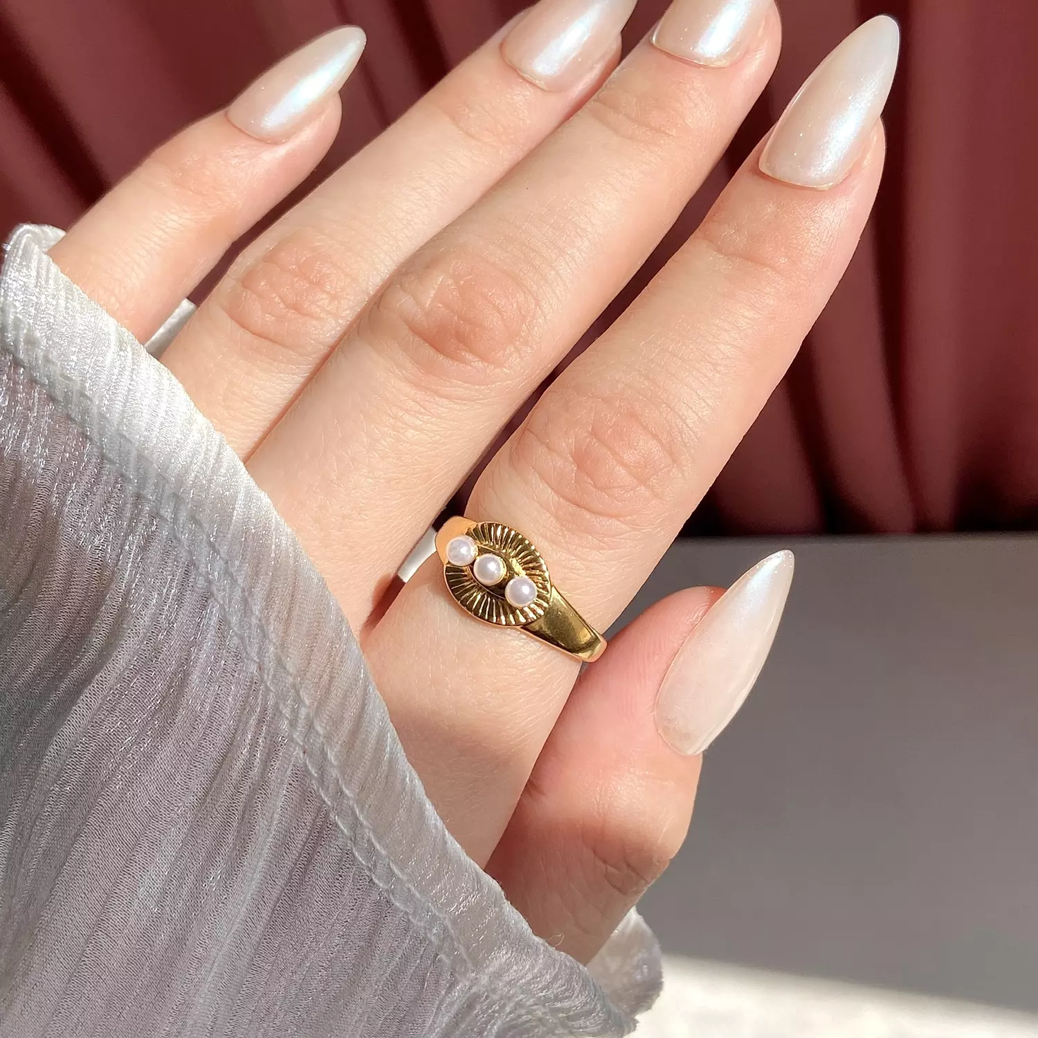 Pearl Eye-Shape stainless steel Ring 1