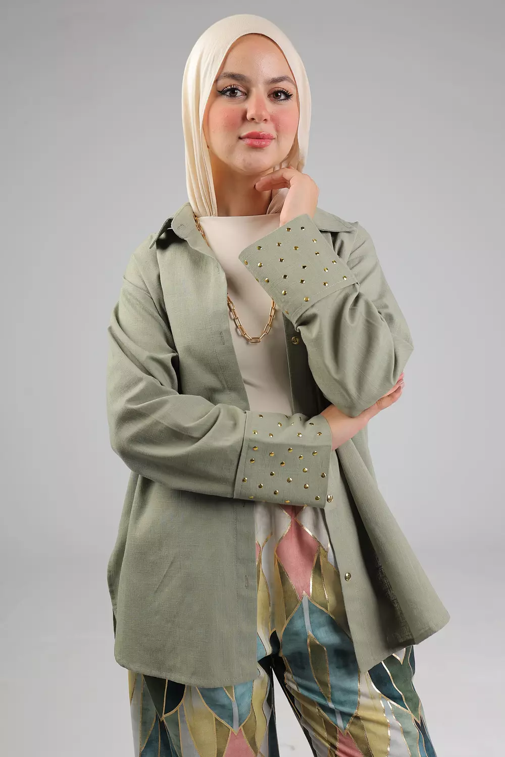 Olive studded linen shirt 7