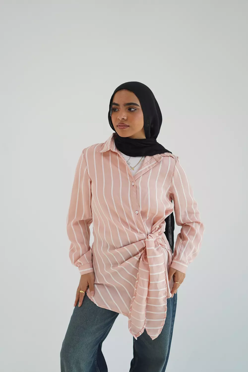 Pink long striped shirt with side tie-2nd-img