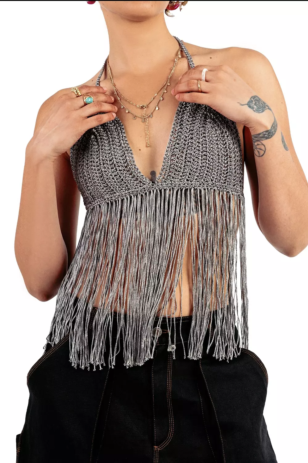 Boho crochet crop in dark silver 1