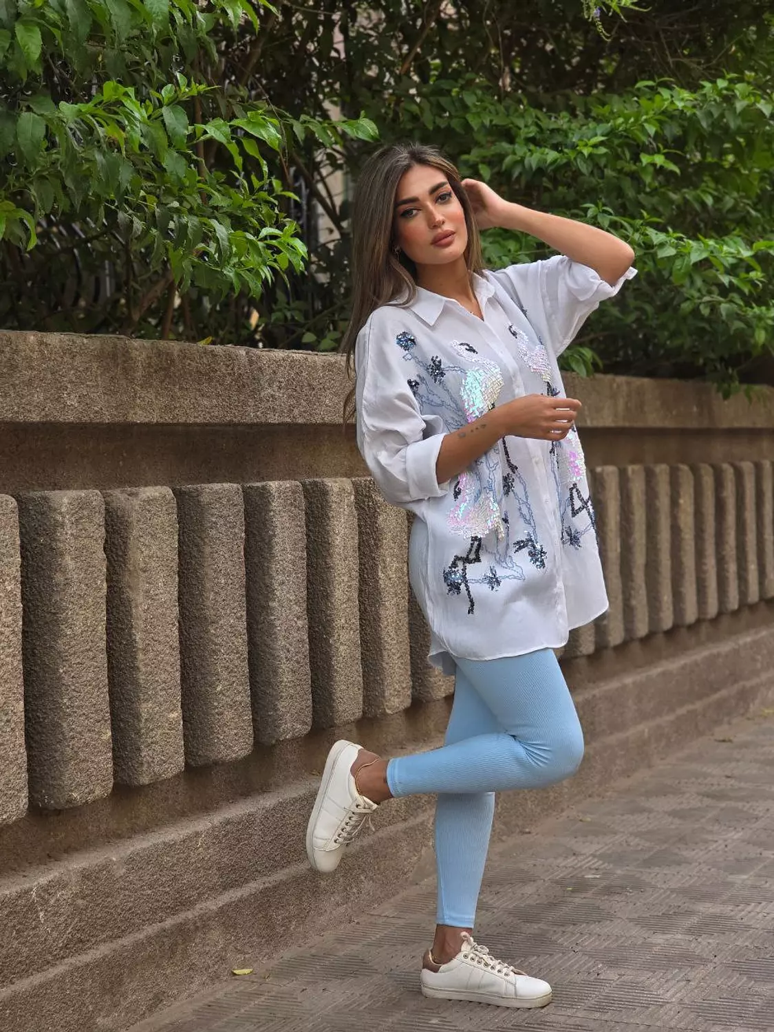 White Embroidery Flamingo Shirts hover image