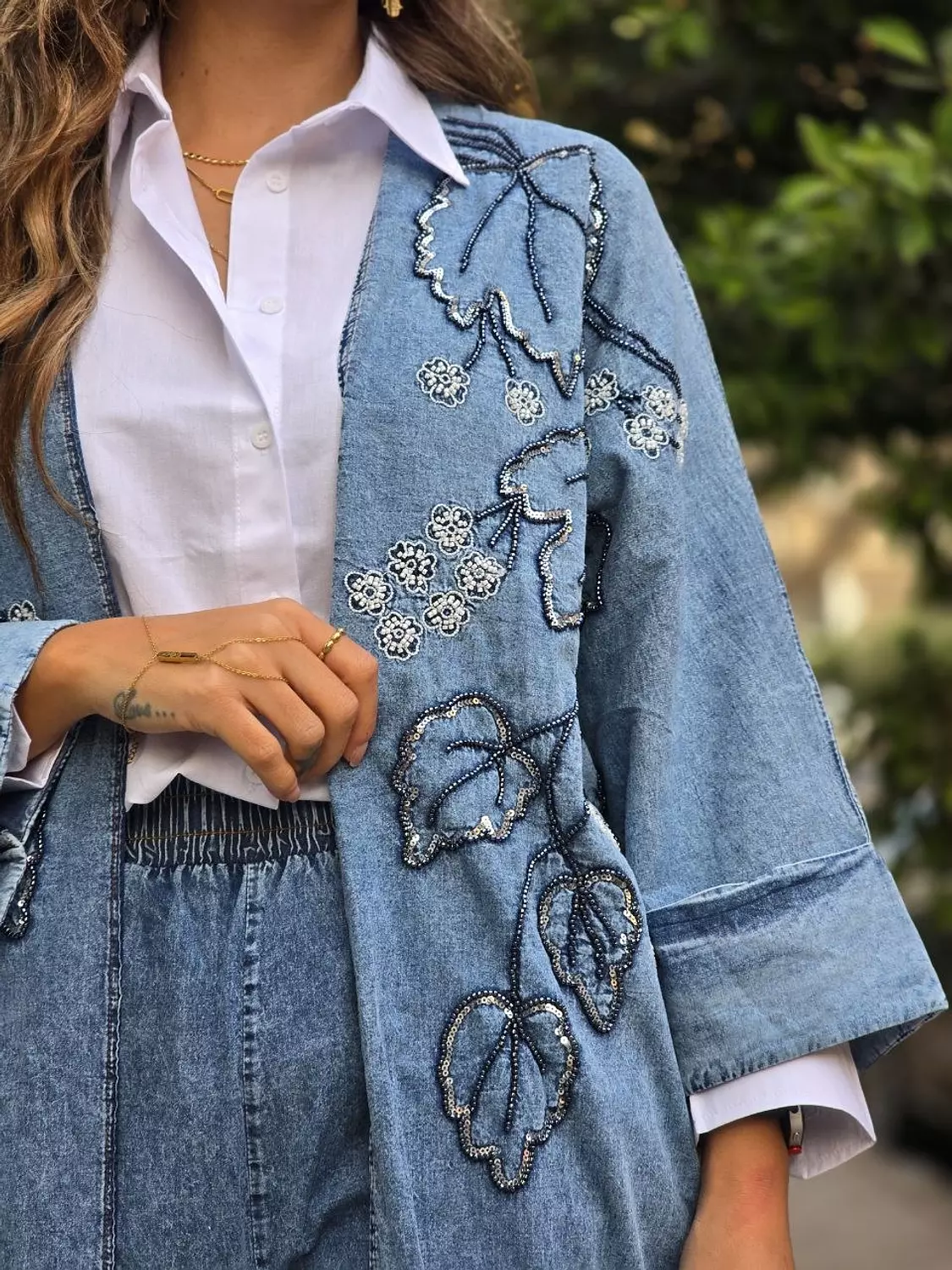 Denim embroidery beaded set 4