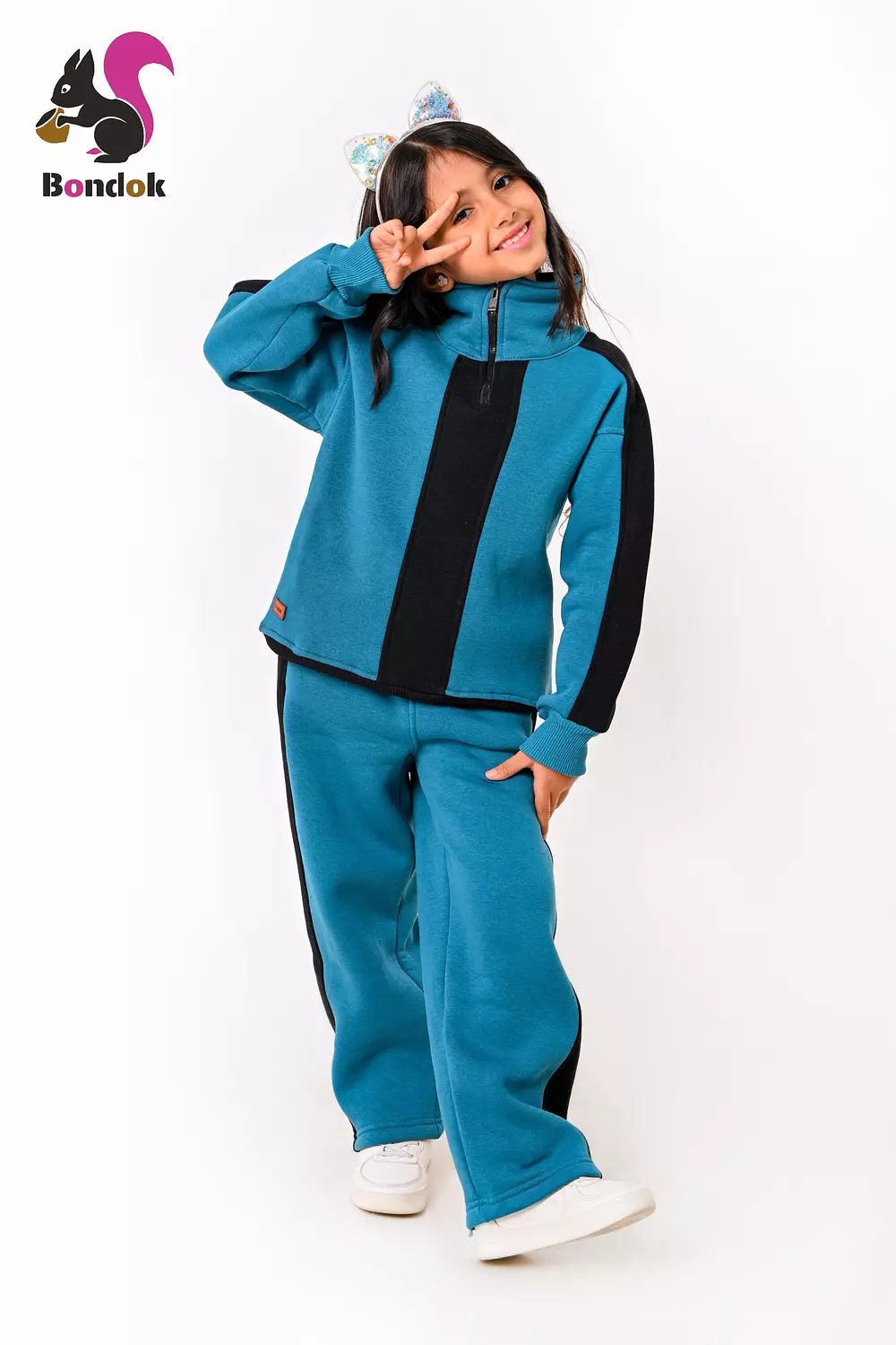 BONDOK Girls’ Winter Black-Strip Tracksuit – High-Neck Half-Zip Sweatshirt & Joggers Set  – Cozy Melton Fleece, Ages 4–14 13