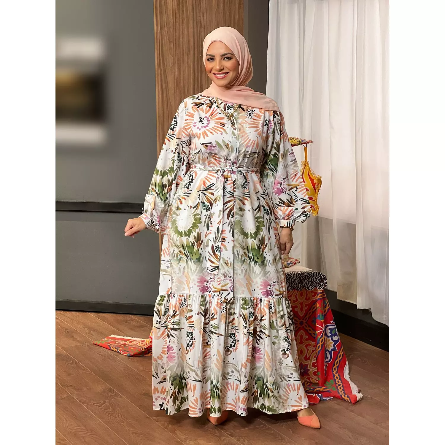 Soft Printed Dress With Long Sleeves - Olive &  Orange  hover image