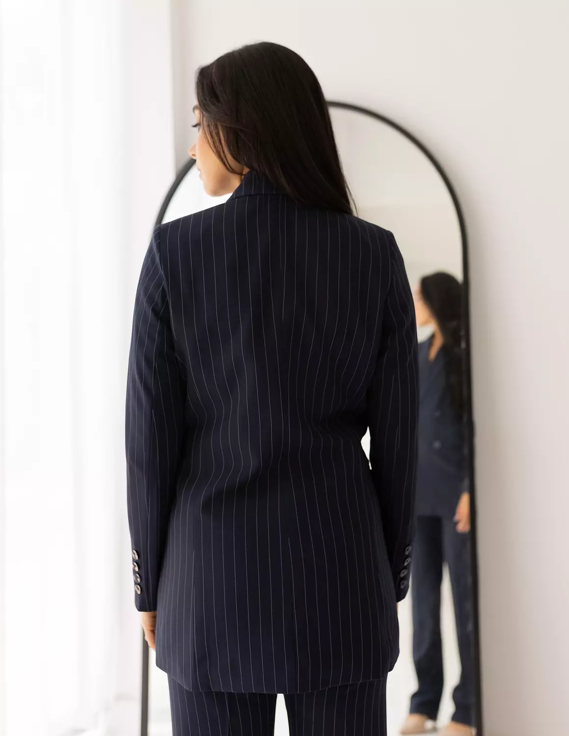 Striped Navy double breasted Long blazer  3