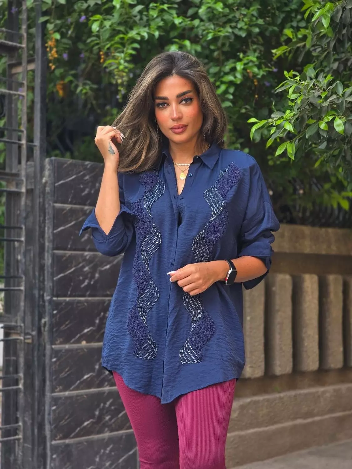 Navy blue embroidered linen shirt image