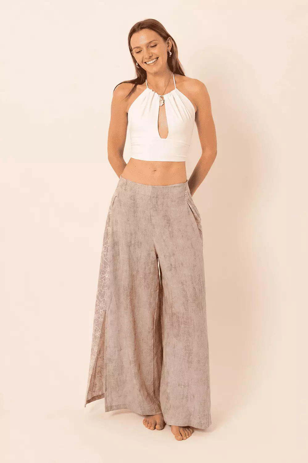 Wide-Leg Pants with side slits - Greige hover image