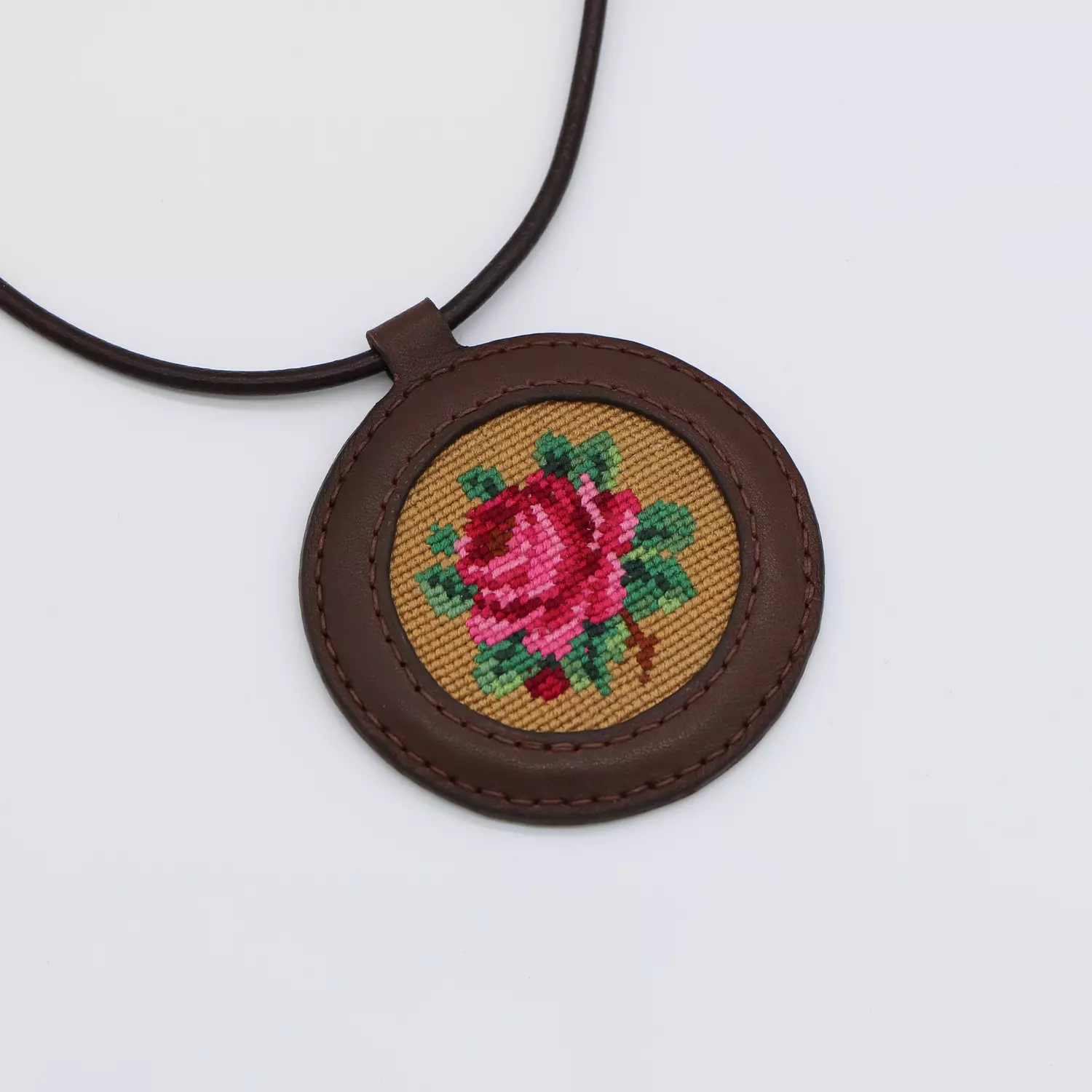 Dark brawn Genuine leather necklace with floral Cross-stitching image
