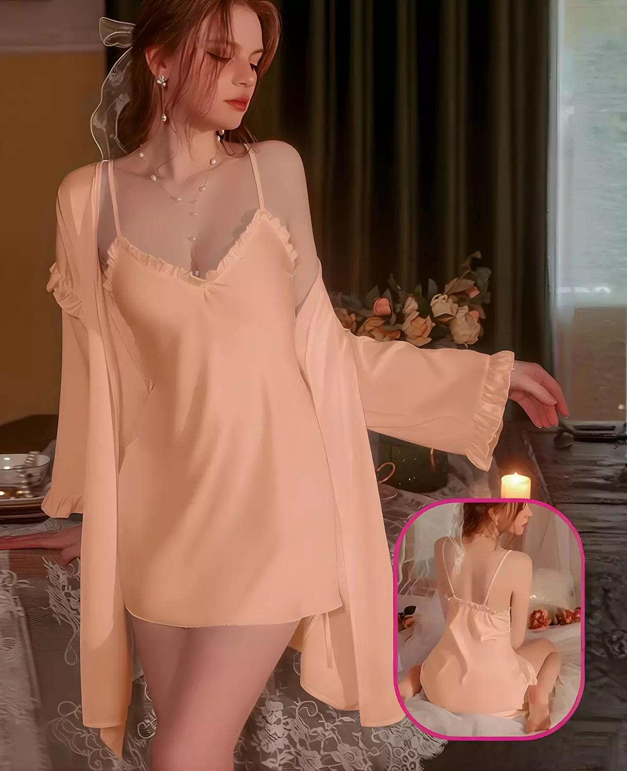  2-Piece Ruffled Satin Chemise & Robe 3