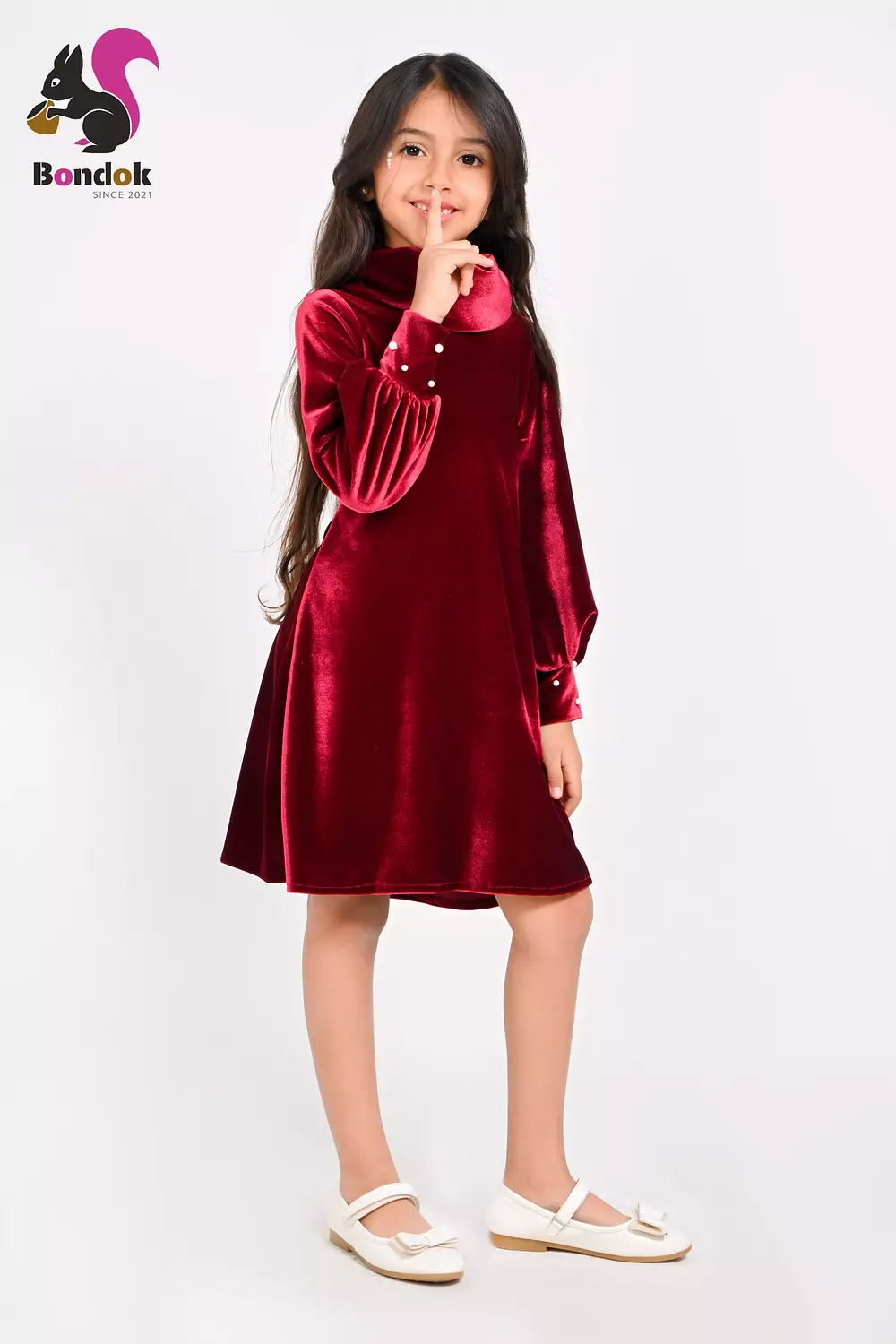 Pearl Slim Dress for Girls, Velvet Long Sleeve (RED, BLACK, EMERALD GREEN, NAVY BLUE AND DEEP FUCHSIA) 18