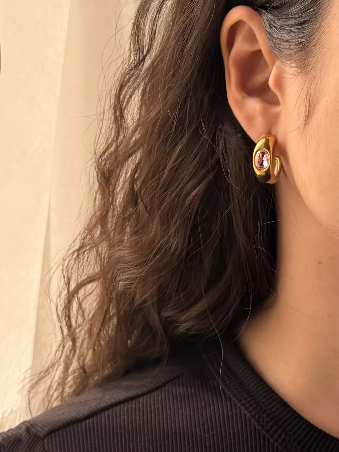 Pink Oval Stone Hoops 1
