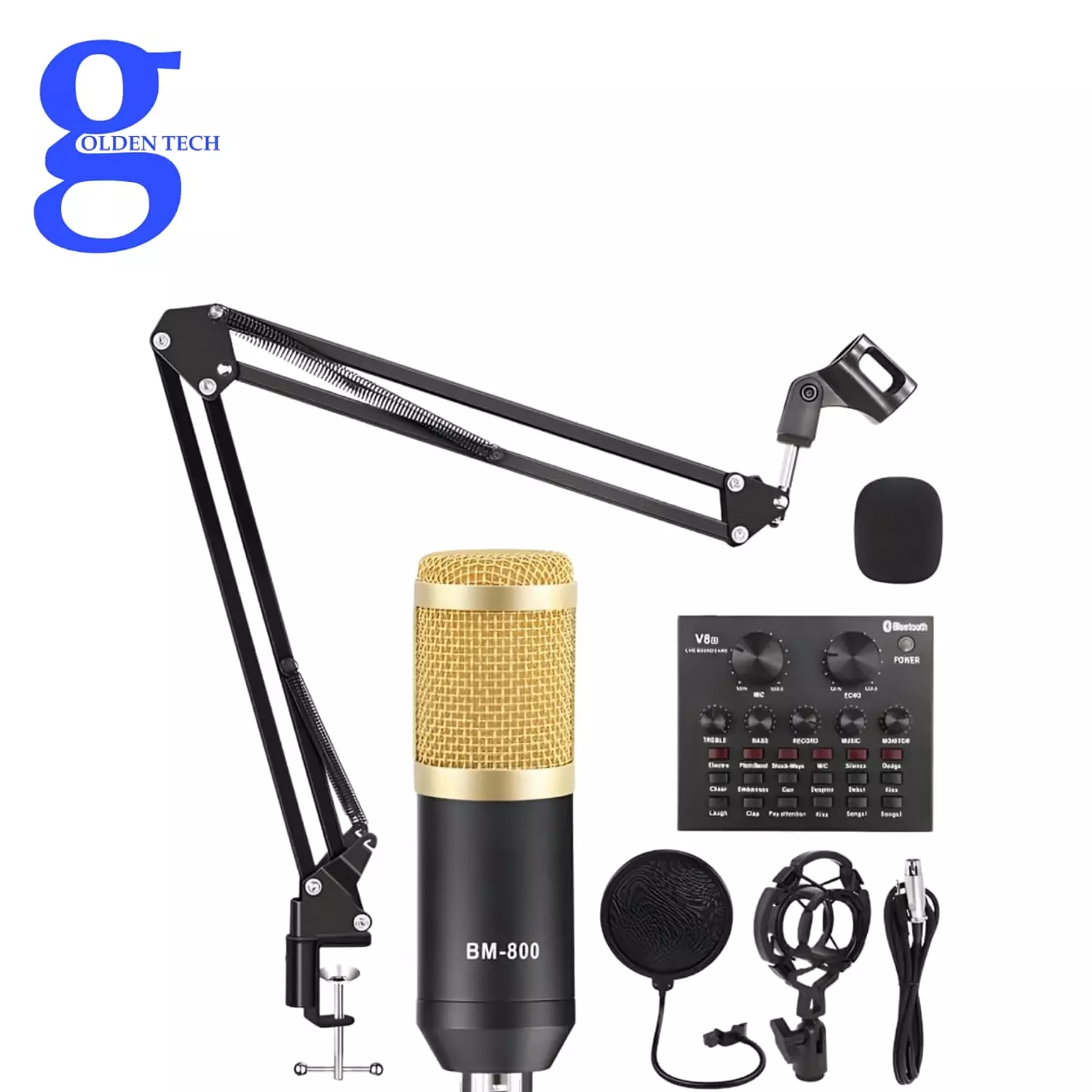 مجموعة ميكروفون مكثف في 8، طقم مايك مع كارت صوت لايف BM-800، ذراع متقاطع للميكروفون قابل للتعديل، مثبت عازل للصدمات معدني وفلتر بوب مزدوج الطبقة لتسجيل الاستوديو والبث (ذهبي) 2