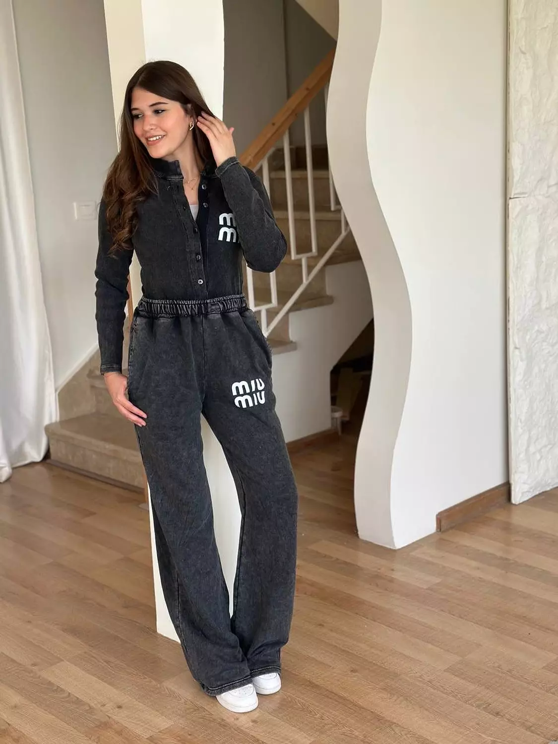 Washed Black MIU MIU-Style Cotton Jumpsuit 5