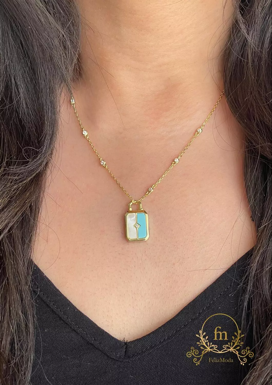 Square Fayrouz and pearl pendant silver necklace gold plated image